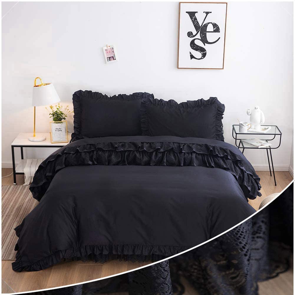 Price:$145.00 Black Ruffle Bedding Set King Size 4 Piece Premium 100% Cotton Luxury Pure Black Lace Zipper Duvet Cover Set & Bed Skirt & 2 Pillowshams : Home & Kitchen