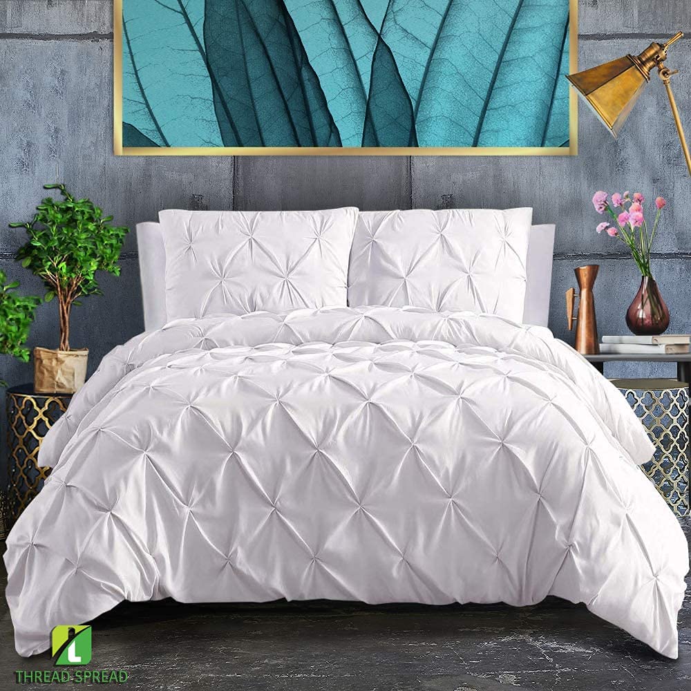 Price:$47.99 SPREAD Pinch Pleated 3 Piece Duvet Cover Set 100% Egyptian Cotton 600 Thread Count with Zipper & Corner Ties Tuffed Pattern Decorative (King, White) : Home & Kitchen