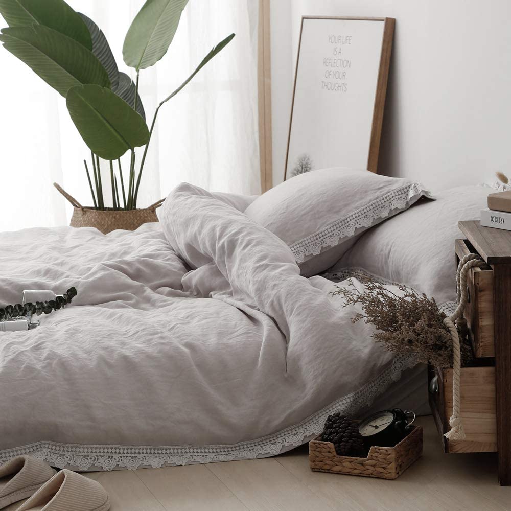 Price:$119.00 100% Stone Washed Pure Linen Duvet Cover Set, 3Pcs Soft Breathable Durable Farmhouse Bedding with Button Closure Lace Border -Queen Size-1 Comforter Cover and 2 Pillowcases : Home & Kitchen