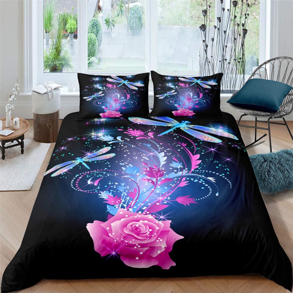 Price:$46.99 Blue Dragonfly Duvet Cover for Girls Queen Size,Pink Flower Bedding Set 3 Piece,Floral Themed Bed Set,Soft Microfiber Black Quilt Set with Zipper,1 Comforter+2 Pillow Sham : Everything Else