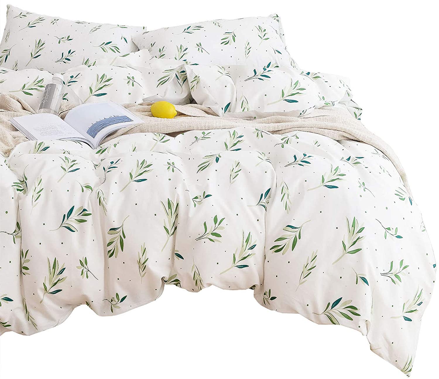 Price:$47.99 In Cloud - Tree Leaves Duvet Cover Set, 100% Cotton Bedding, Green Botanical Plant Leaves and Dots Modern Pattern Printed on White, with Zipper Closure (3pcs, Full Size) : Home & Kitchen