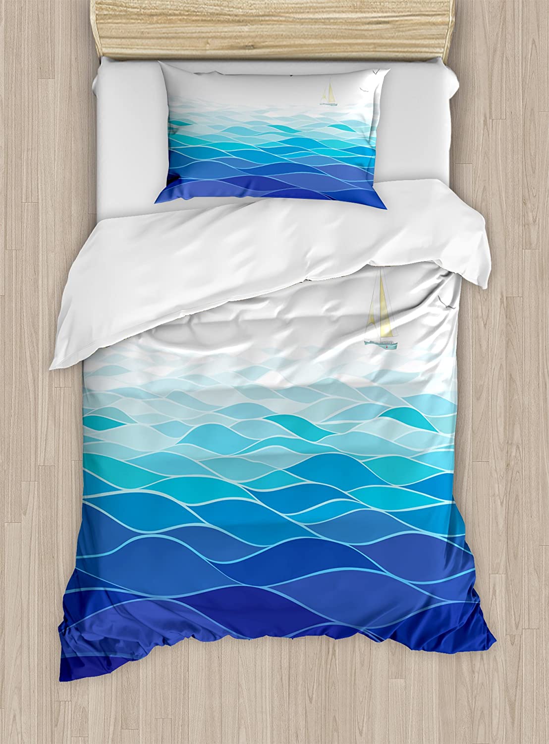 Price:$29.97 Aqua Duvet Cover Set, Graphic Ocean Waves Sailboat with Birds Seagulls Seascape Horizon Maritime, Decorative 2 Piece Bedding Set with 1 Pillow Sham, Twin Size, Navy Blue : Home & Kitchen