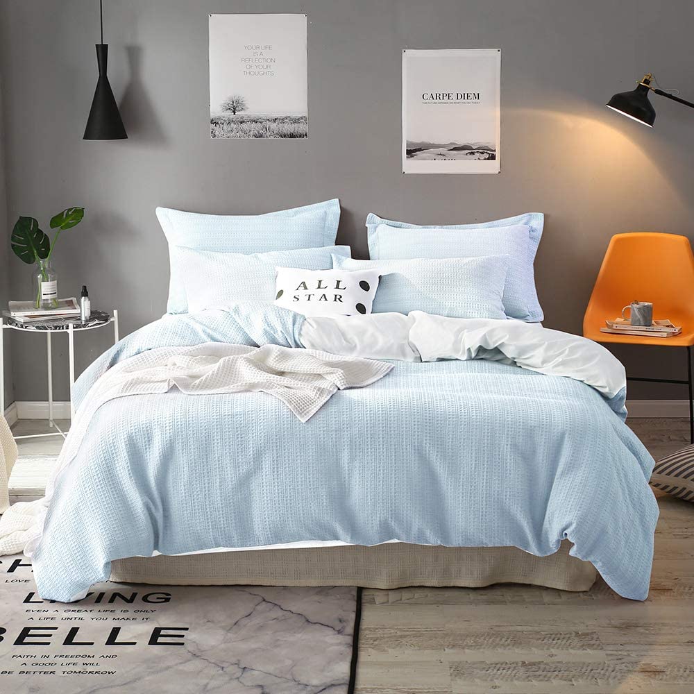 Price:$59.99 Waffle Duvet Cover Set,100% Cotton Waffle Woven Stripe Duvet Cover with 2 Pillowshams -King-- Light Blue : Home & Kitchen