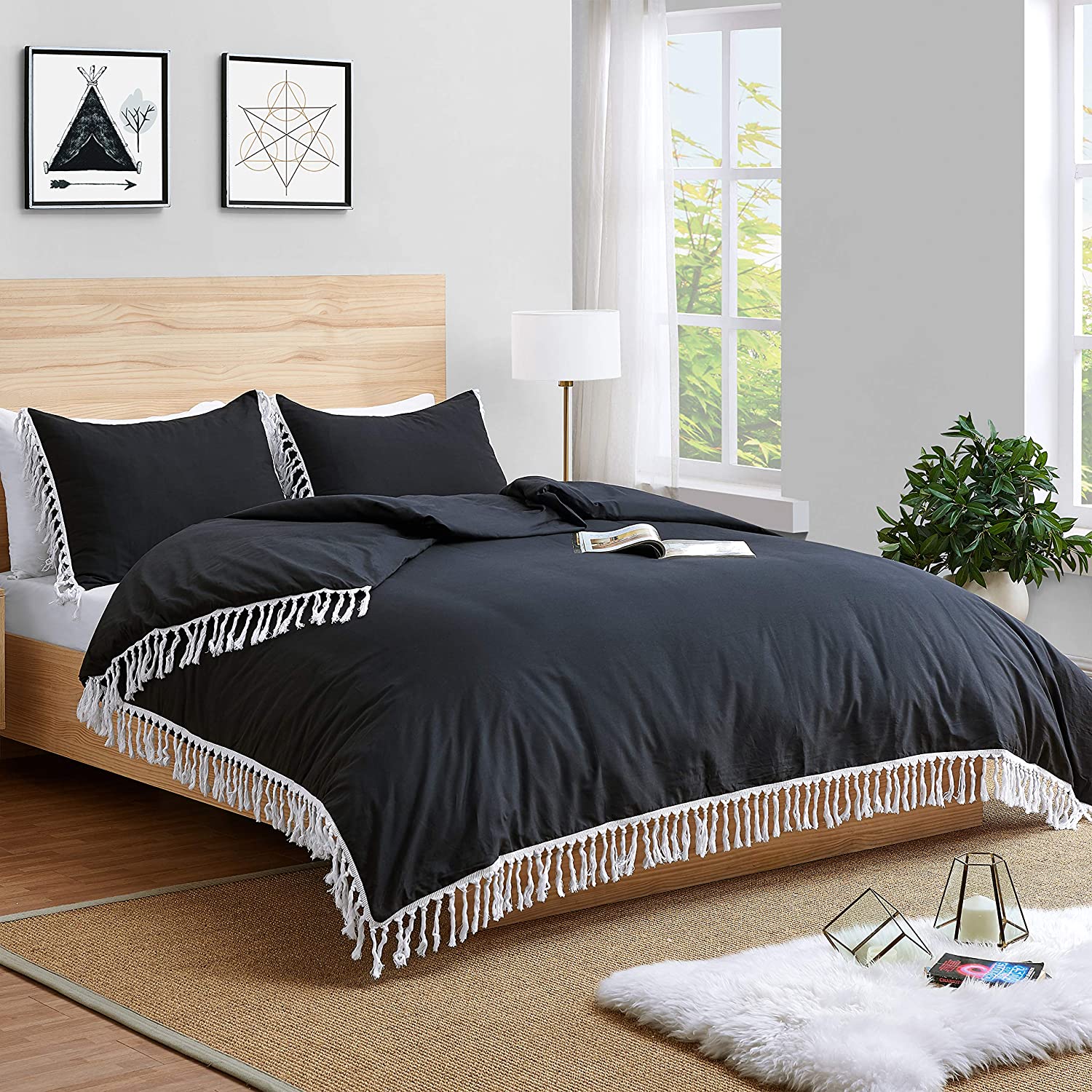 Price:$69.99 & Me Bohemian Boho Chic Black and White Macrame Tassel 3 pc. Full/Queen Size Bed Bedding Duvet Comforter Cover and Sham Set Solid Cotton Fringe Textured Tufted Luxury Minimalist Farmhouse Indie : Home & Kitchen