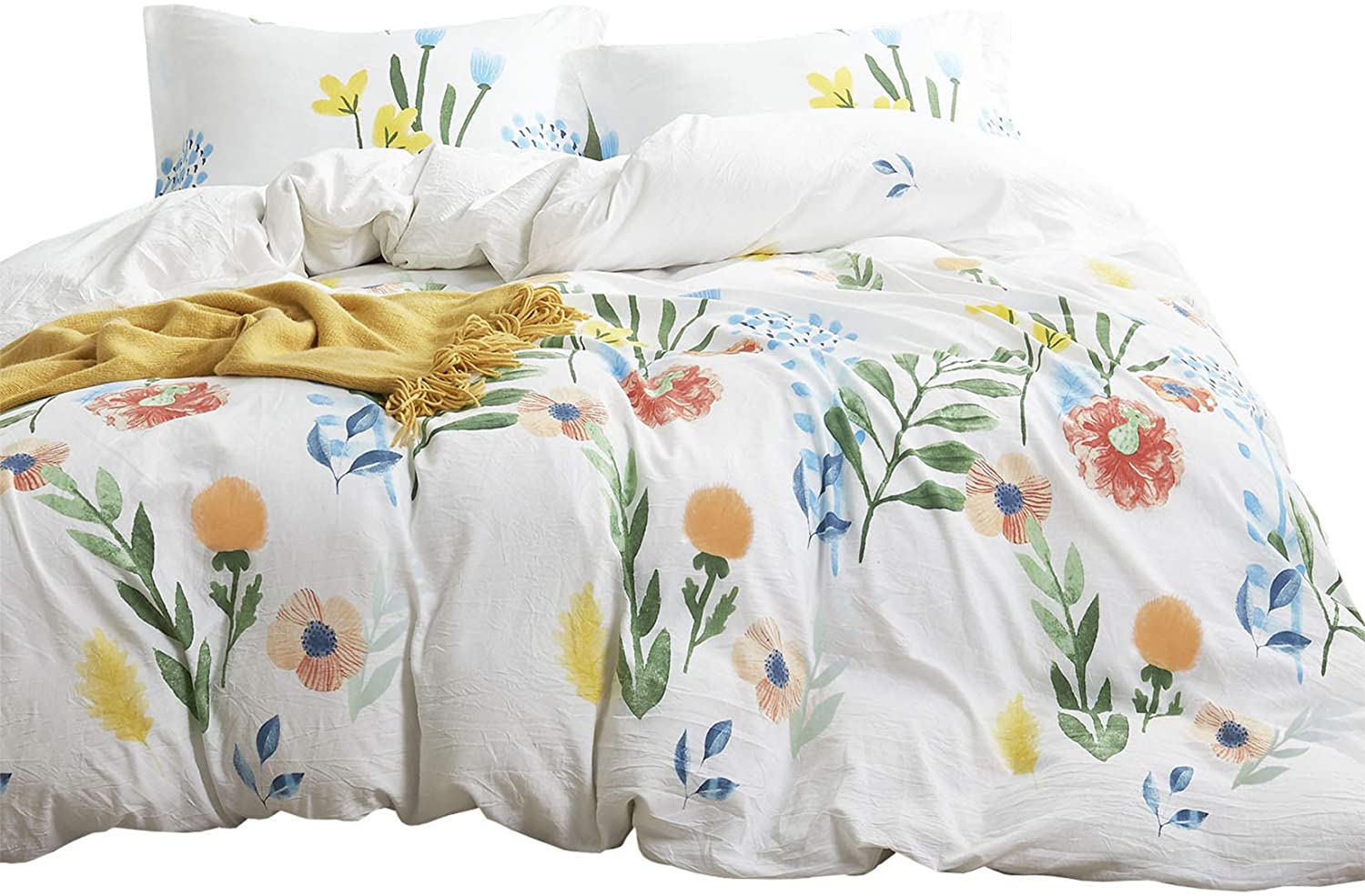 Price:$41.99 In Cloud - Floral Duvet Cover Set, 100% Cotton Bedding, Colorful Watercolor Flowers Leaves Painting Printed on White, Zipper Closure (3pcs, Full Size) : Home & Kitchen