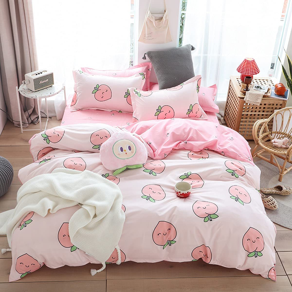 Price:$36.99 Pink Peach Duvet Cover Set King Size Cute Fruits Theme Bedding Set 3pcs for Kids Girls Room Decor Kawaii Peach Comforter Cover Reversible Girly Quilt Cover with 2 Pillowcases (No Comforter) : Home & Kitchen