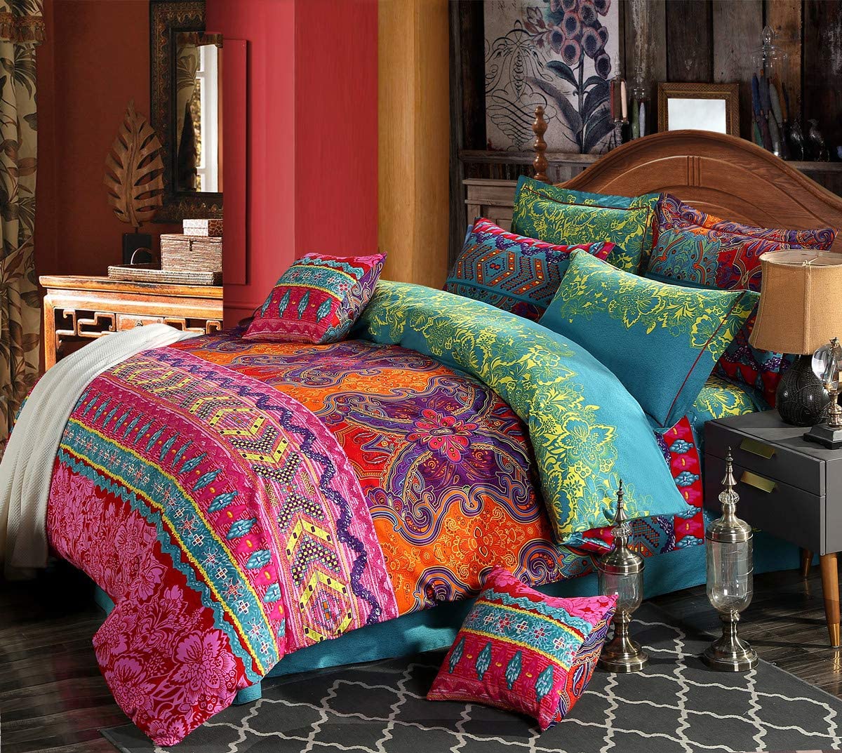 Price:$102.00 4 Pieces Bohemia Ethnic Bedding Sets Queen Size, Brushed Cotton Boho Duvet Cover Set with Fitted Sheet, Super Comfy Comforter Cover Sets,No Comforter(Fitted Sheet Set, Queen) : Home & Kitchen