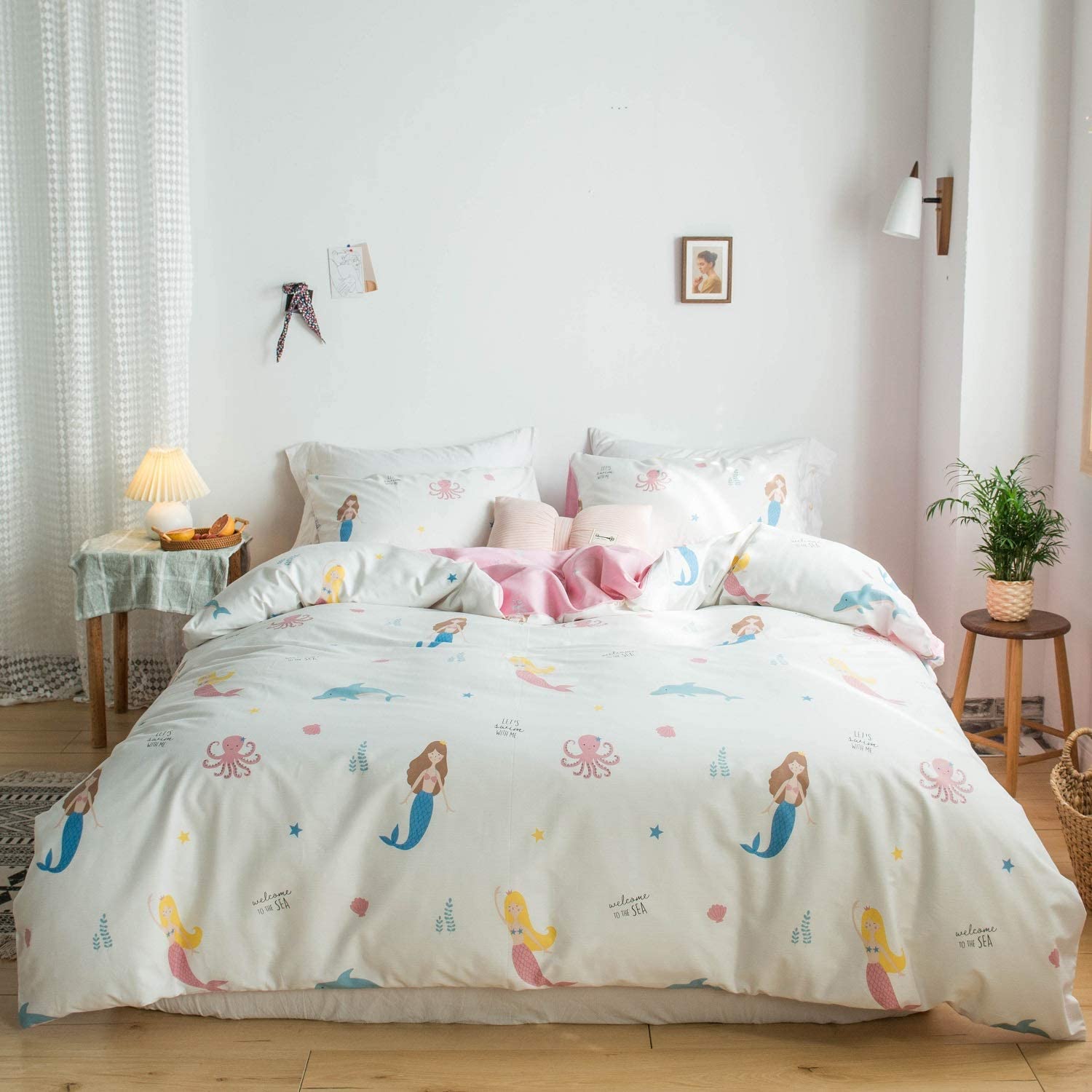 Price:$52.99 Duvet Cover, 100% Cotton 3Pcs Queen for Boys Girls Teens Bedding Set, Cute Cartoon Mermaid Princess Dolphin Pattern Print on White, with Zipper Ties, 4 Corner Ties (NO Comforter) : Everything Else