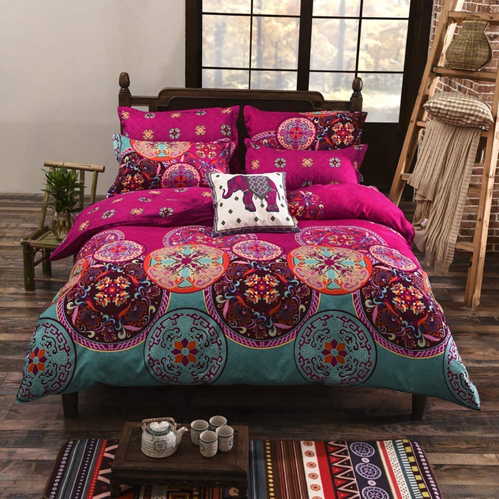 Price:$29.99 4PCS Bohemian Bedding Lightweight Microfiber Boho Duvet Cover Set Full/Queen Size Rose Red Floral Bedding Mandala Duvet Cover with Zipper Closure : Home & Kitchen