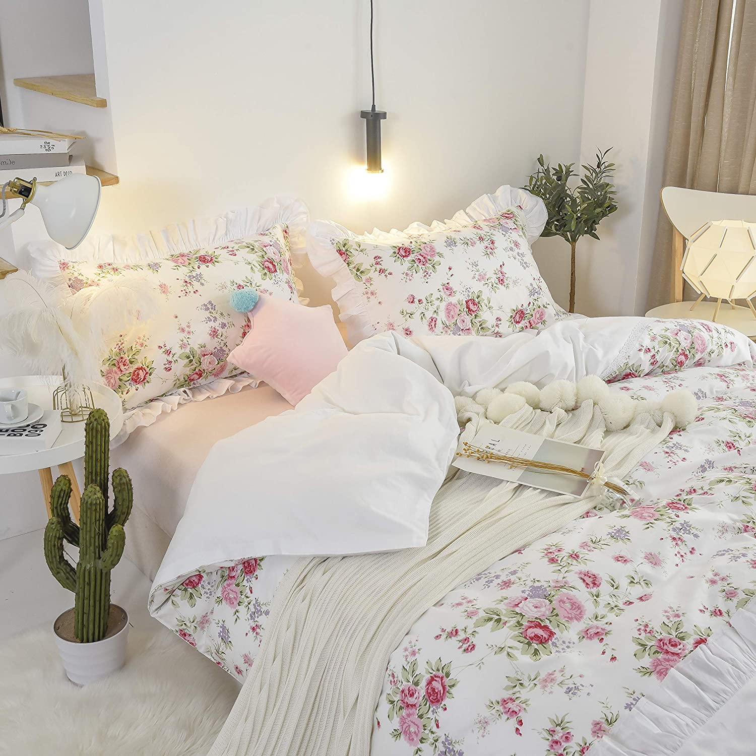 Price:$89.00 Farmhouse Duvet Cover Set 3-Pieces 100% Cotton Floral Duvet Cover Set Bulgaria Rose Bedding with Ruffle, 3-Piece: 1 Zipper Duvet Cover & 2Pillowshams, Queen Size : Home & Kitchen