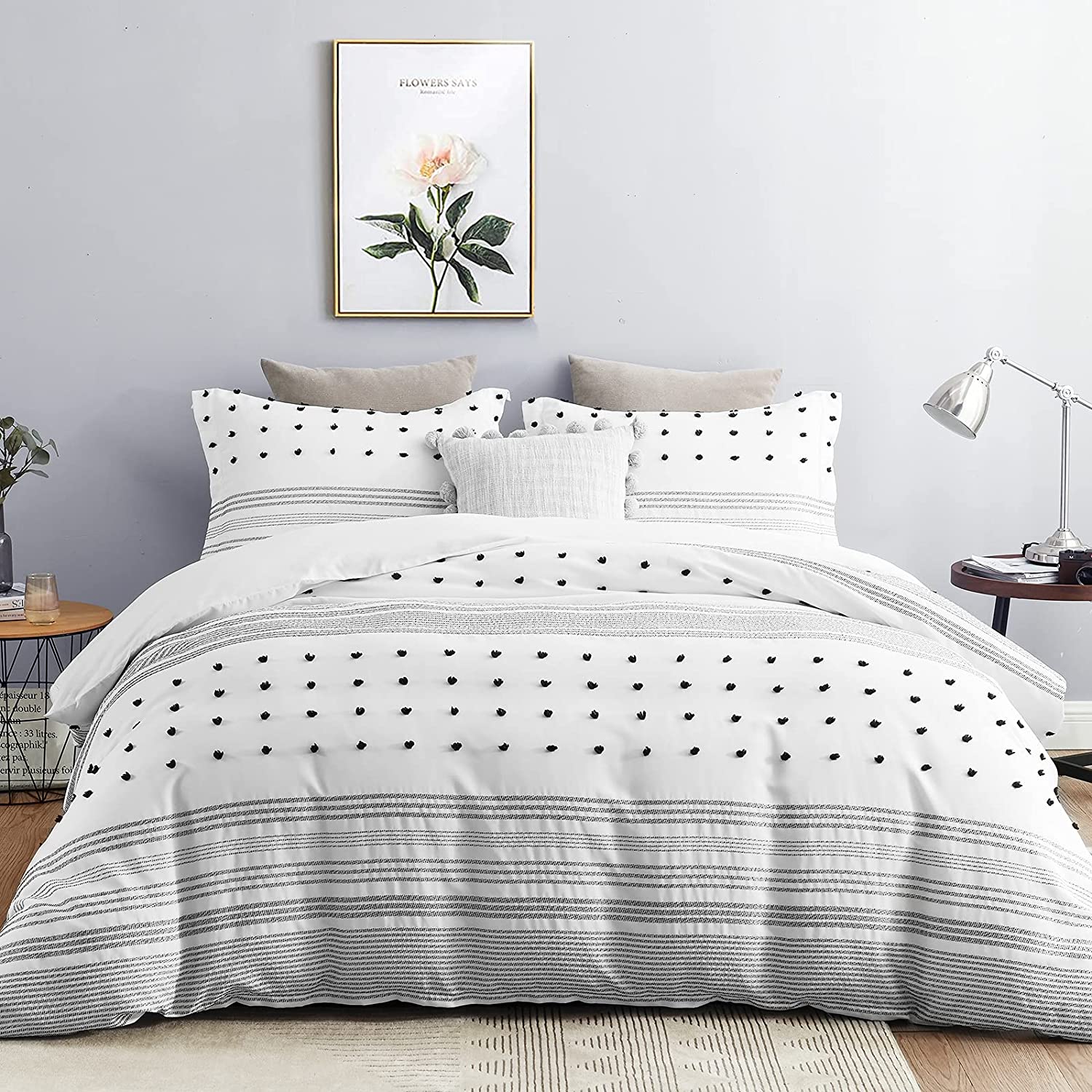 Price:$24.99 Tufted Duvet Cover Set Twin Size, 3 Pieces Soft Microfiber Boho Chic Embroidery Bedding Set Durable Lightweight Black and White Striped Comforter Set for All Seasons( 68''x90'',No Comforter) : Home & Kitchen