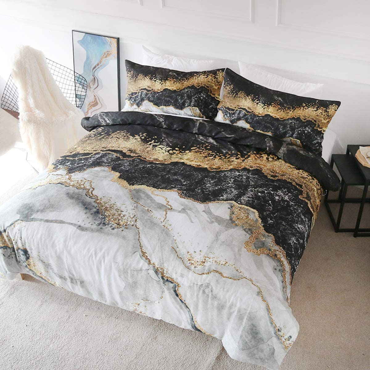 Price:$45.90 Bedding Duvet Cover Set Black White Gold Foil Marble Pattern on Comforter Cover 3 Pieces 1 Marble Abstract Duvet Cover 2 Pillowcases Bed Cover with Zipper Closure (Queen) : Home & Kitchen