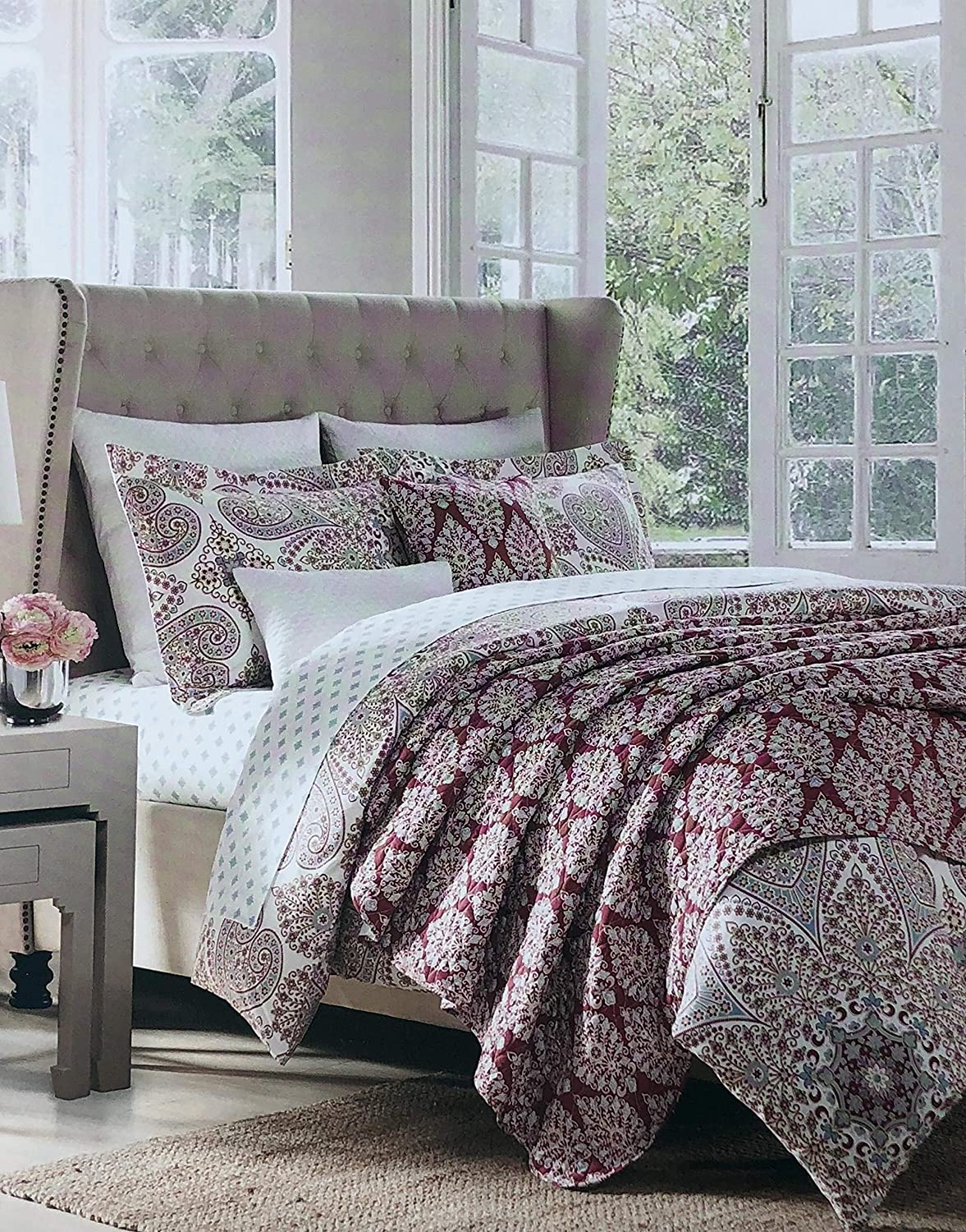 Price:$64.99 3pc Duvet Set Ornate Antique Style Damask Pattern Tan Red Blue White Luxury Comforter Cover Shams Set (King) : Home & Kitchen