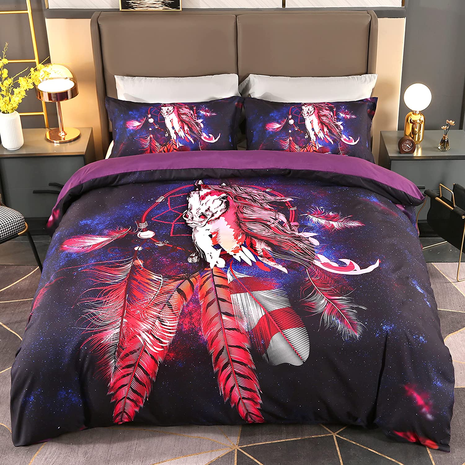 Price:$42.99 Dream Catcher Duvet Cover Set Queen Size Purple Galaxy Bedding Set Boho Comforter Cover Colorful Horses Couple Bedding Duvet Cover and 2 Pillowcases Sets for Women Adults : Home & Kitchen