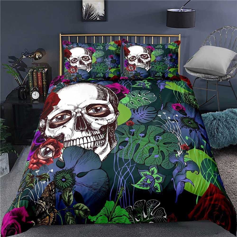 Price:$47.99 Skull Bedding Set All Season Cozy Comforter SetBlack and White Floral Skull Skeleton Duvet Cover Set Microfiber Bedding Quilt Cover Queen Size 3 Piece3-03F : Home & Kitchen