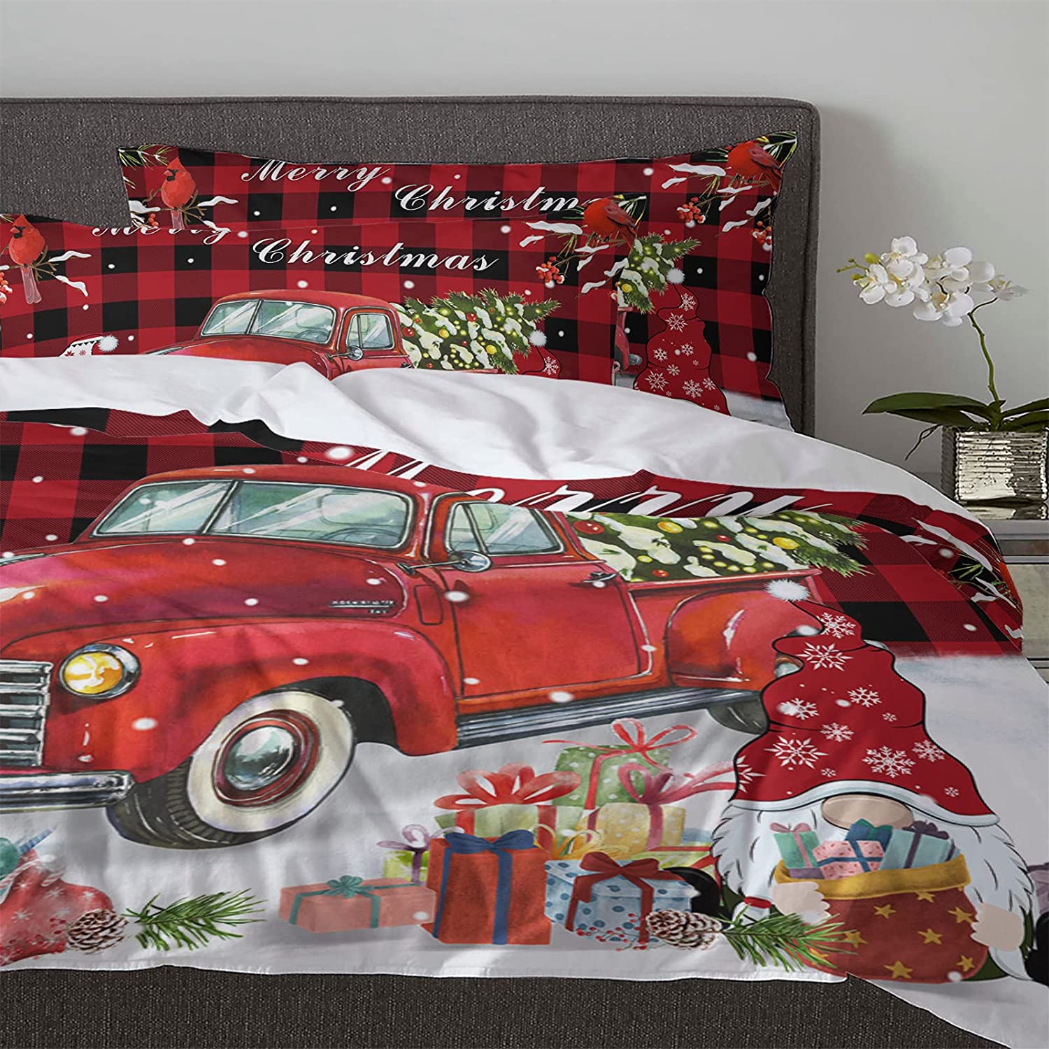 Price:$70.99 Pieces Bedding Duvet Cover Sets Queen, Christmas Gnome Truck Collections Bedding Duvets Quilt Covers Sets with 2 Pillowcases, Bedspread for Childrens/Kids/Teens/Adults, Red Buffalo Plaid Cardinals : Home & Kitchen