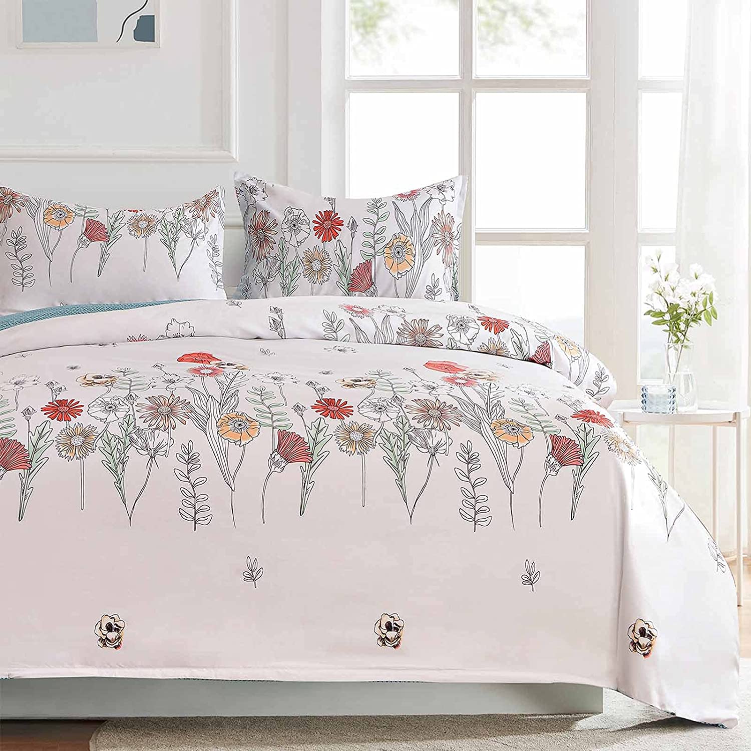 Price:$28.99 Queen Duvet Cover Set for Summer - 3pc Grey Floral Lightweight Microfiber Soft Down Duvet Quilt Bedding Covers Zip Ties for Women - Country Farmhouse Pattern, Size 90 inch (Queen, Red+White) : Home & Kitchen