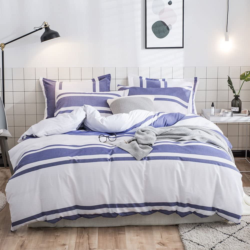 Price:$41.99 Cotton Duvet Cover Set King Size, 100% Cotton Yarn Dyed Striped Textured Duvet Cover Set,3 Pieces Bedding Set - Blue -King : Home & Kitchen