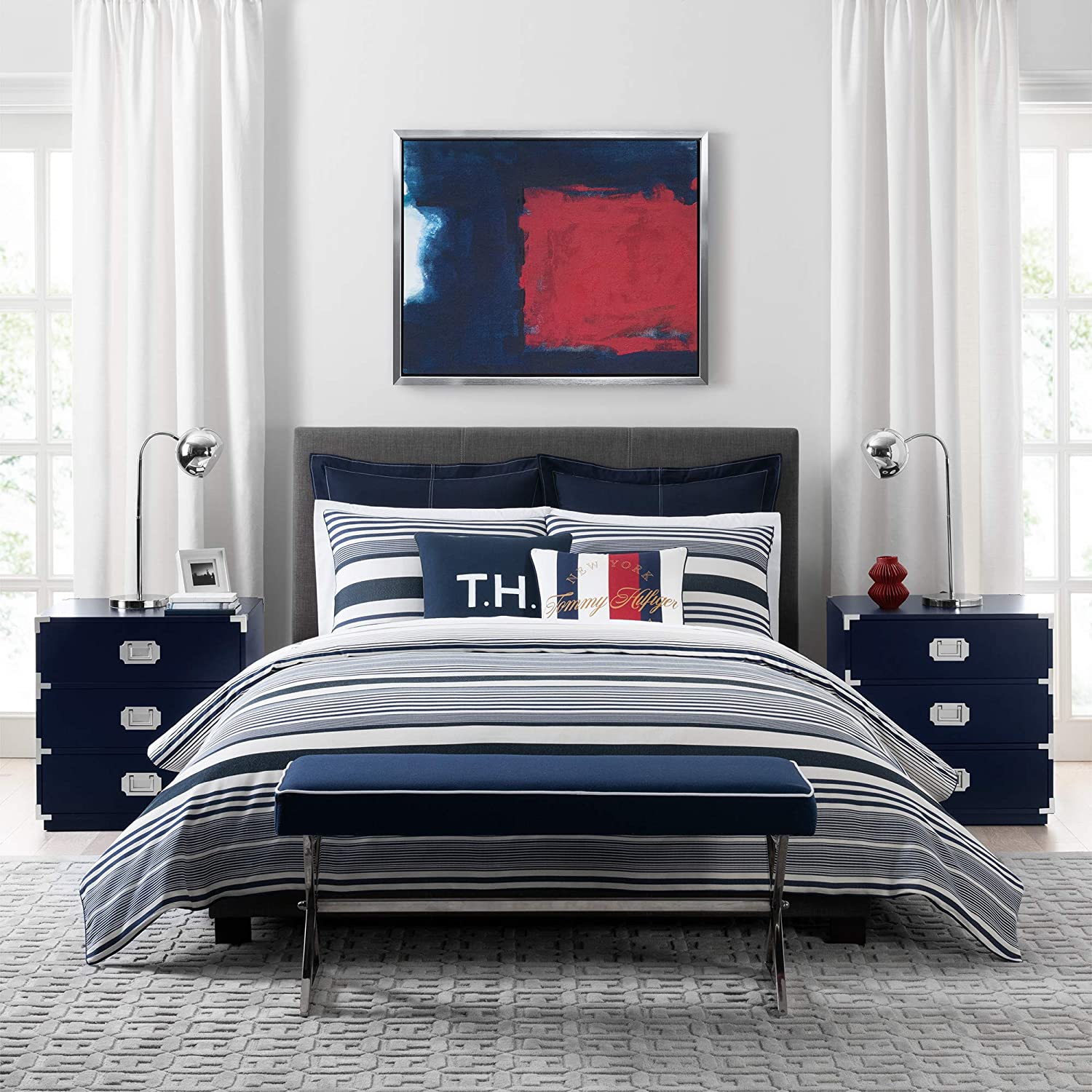 Price:$89.99 Hilfiger Island Stripe Duvet Cover Set Full/Queen Navy : Home & Kitchen