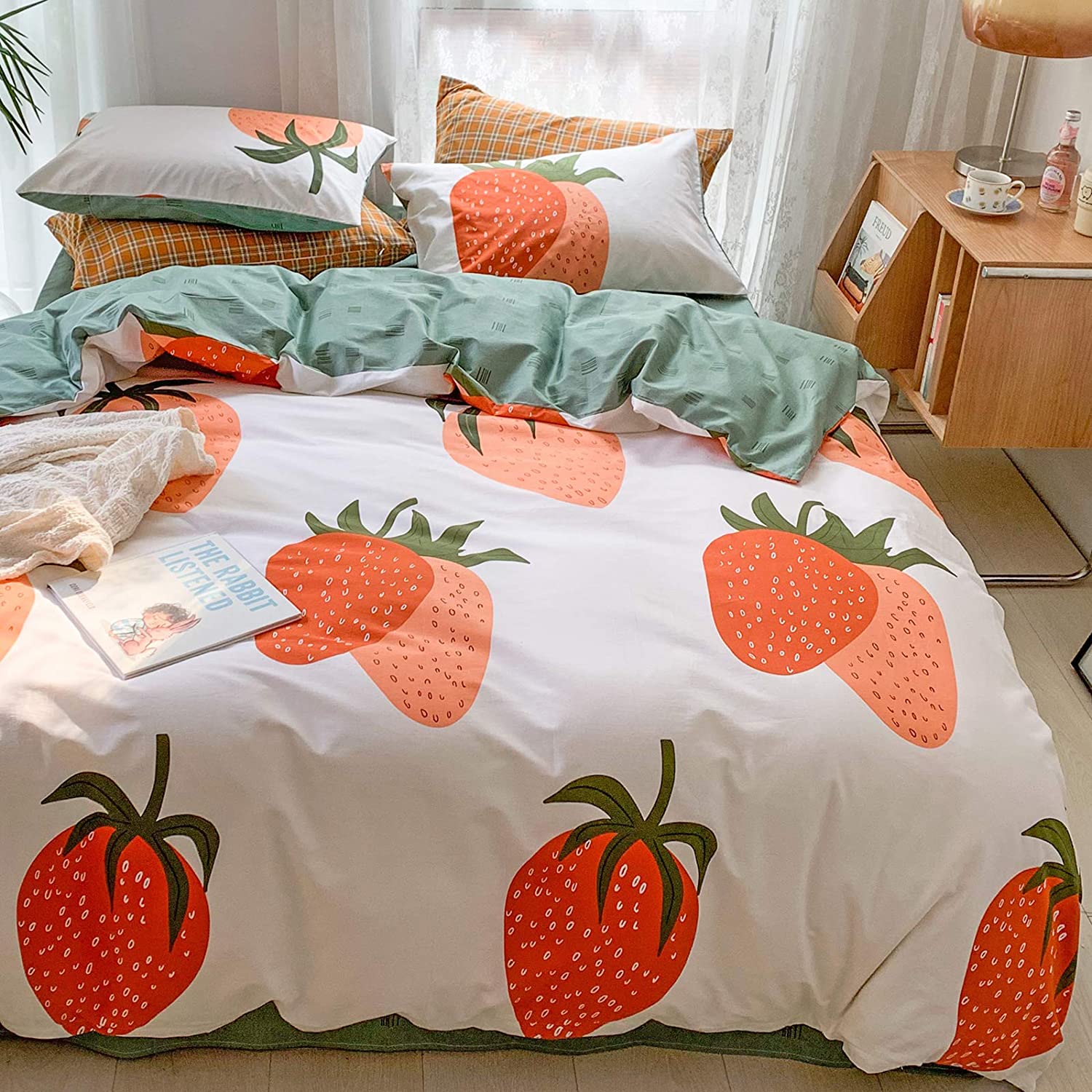 Price:$48.99 Strawberry Kids Duvet Cover Set Twin, 100% Cotton Bedding, Cartoon Tropical Red Strawberry Green Leaf on White, Fruit Comforter Cover for Boys Girls Single Bed, No Comforter : Home & Kitchen