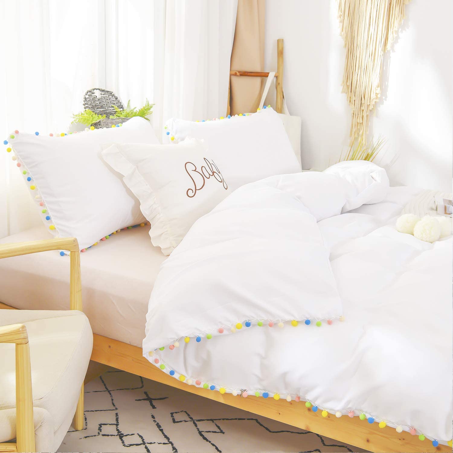 Price:$39.99 Twin Pom Pom Fringe Duvet Cover Set - 3 Pieces (1 Cute White Duvet Cover, 2 Pillowcases) Soft Washed, Luxury 100% Microfiber Comforter Cover Set with Zipper Closure, Corner Ties : Everything Else