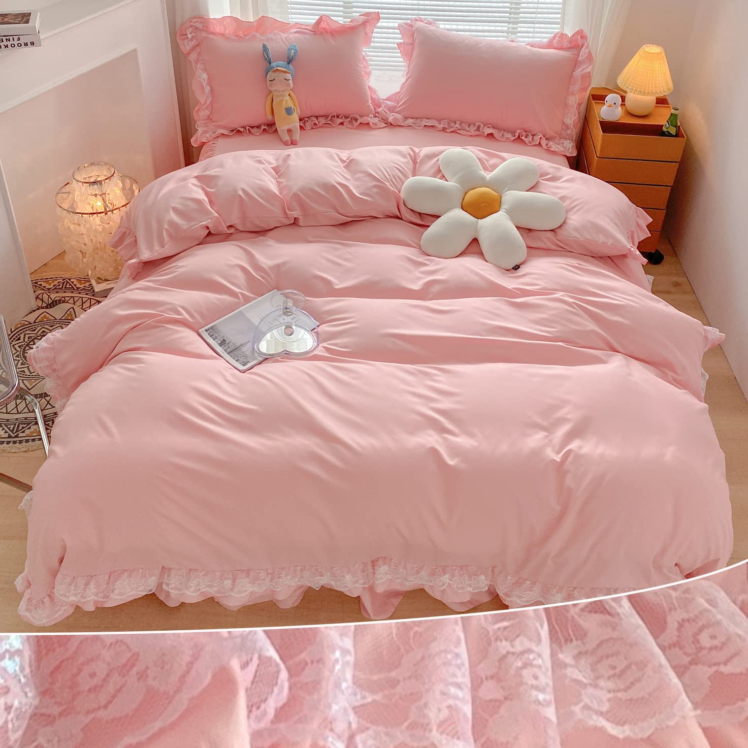 Price:$28.99 Ruffle Lace Polyester Duvet Cover Set -Girl Pink Bedding-2 Piece Twin Duvet Cover with Zipper Closure -Ultra Soft and Light Weight (Pink, Twin) : Home & Kitchen