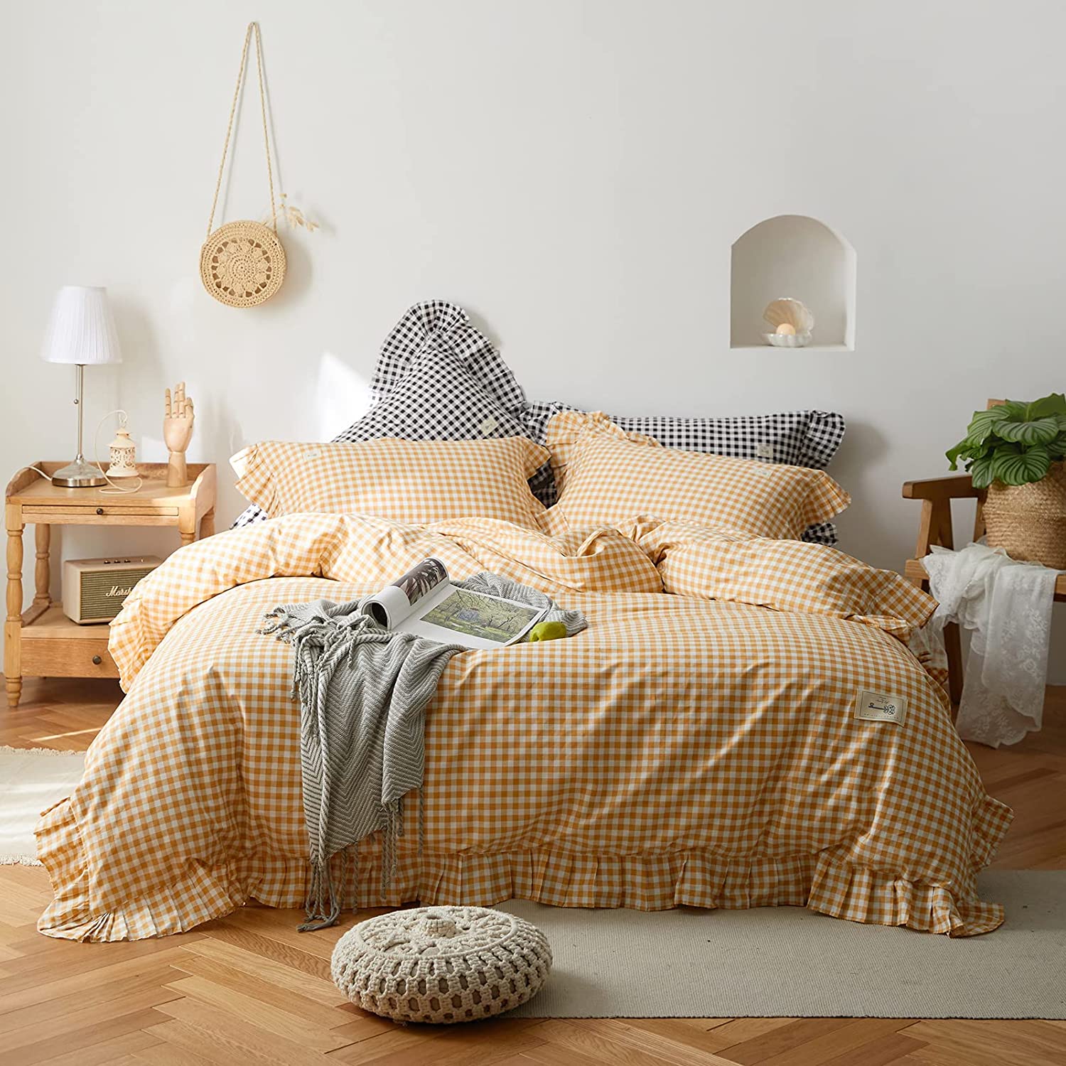 Price:$29.99 Korean Style Flouncing Princess Series Claybank Yellow Brown Duvet Cover Queen Size Flounces Bedding Set 3PCS Checked Small Lattice Printing Durable and Fade Resistant : Home & Kitchen