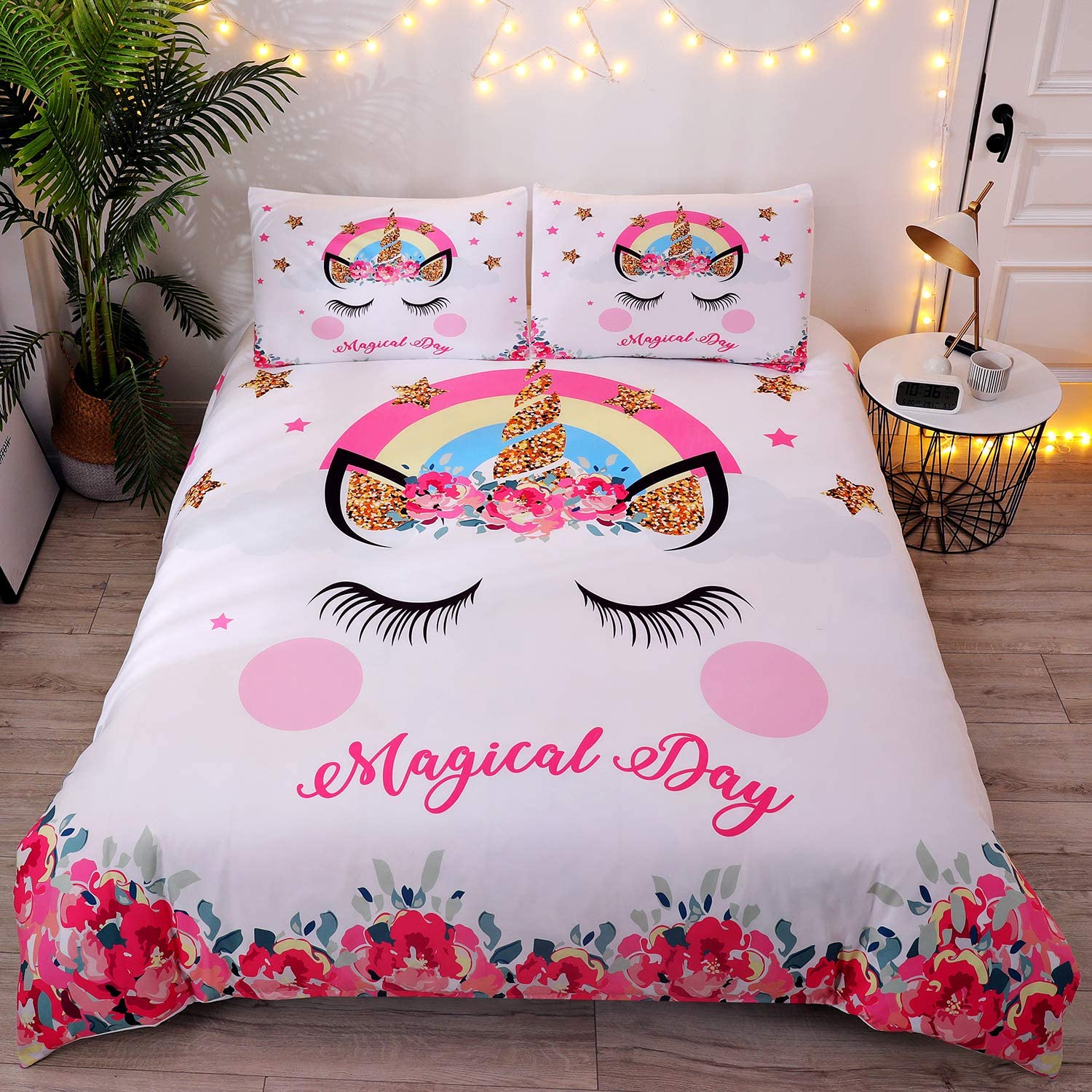 Price:$35.99 Cute Flower Unicorn Kids Bedding White Pink Golden Ears Unicorn 3 Pieces Bedding Duvet Cover Sets Gifts for Teens and Girls,Queen Size : Home & Kitchen