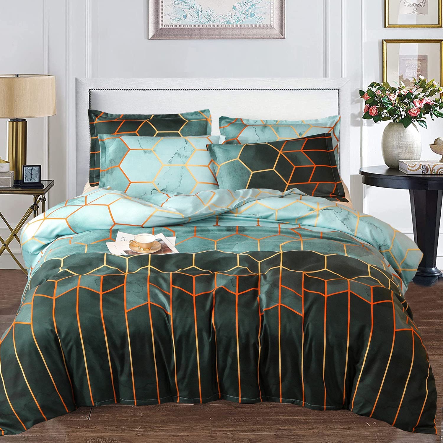Price:$28.88 Green Duvet Cover King，3 Pieces Duvet Cover King Size Geometry Pattern Soft Washed Microfiber Bedding Set Duvet Cover King Green with Zipper Closure Corner Ties : Home & Kitchen