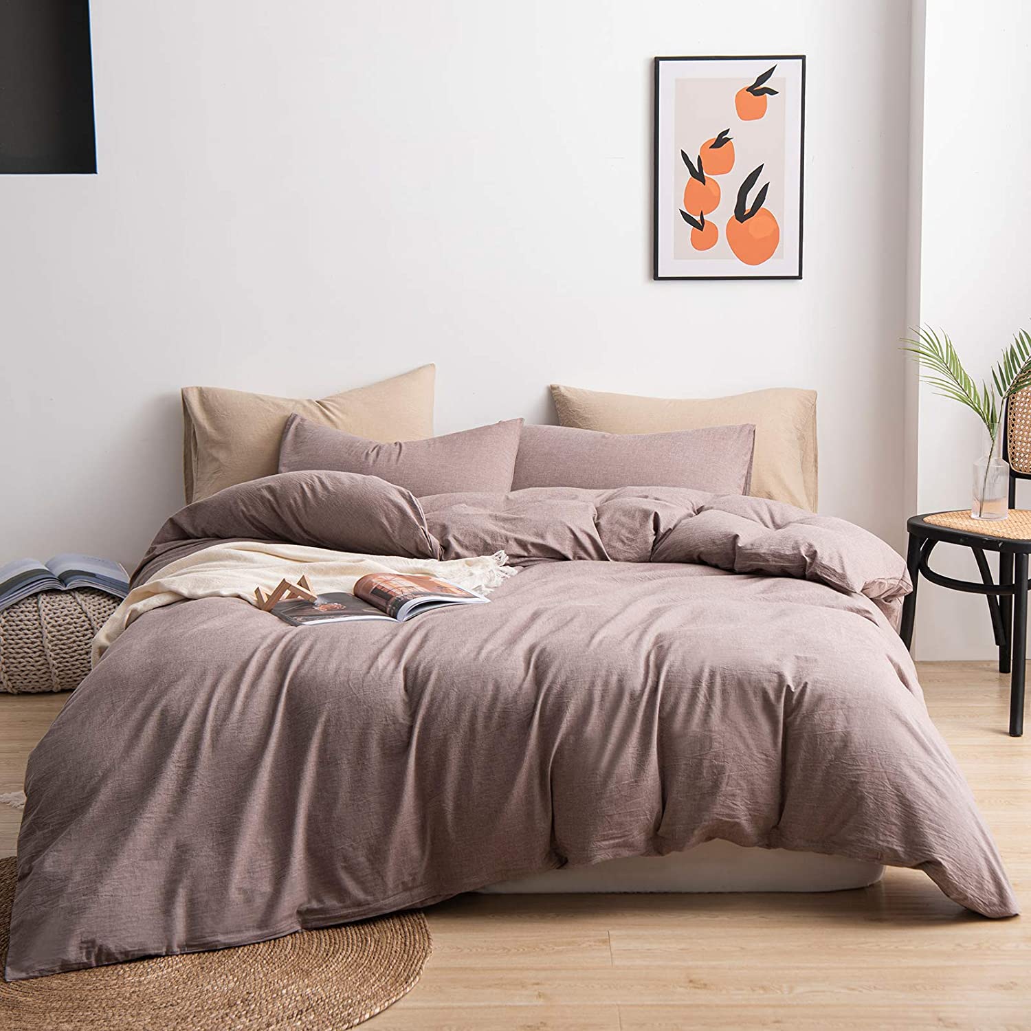 Price:$61.99 100% Washed Cotton Duvet Cover Comfy Simple Style Solid Color Soft Breathable Textured Durable Linen Feel Bedding Sets for All Seasons King Size, Mauve Brown : Home & Kitchen
