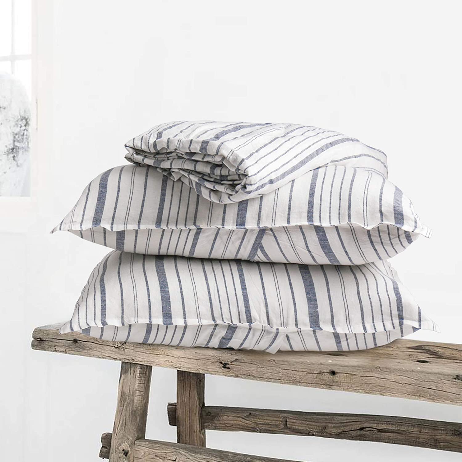 Price:$139.99 Striped Duvet Cover Set,Queen Size,100% French Washed Linen,3 Pieces Ultra Soft and Breathable Flax Bedding with Button Closure,1 Comforter Cover and 2 Pillow Shams(Navy Blue) : Home & Kitchen