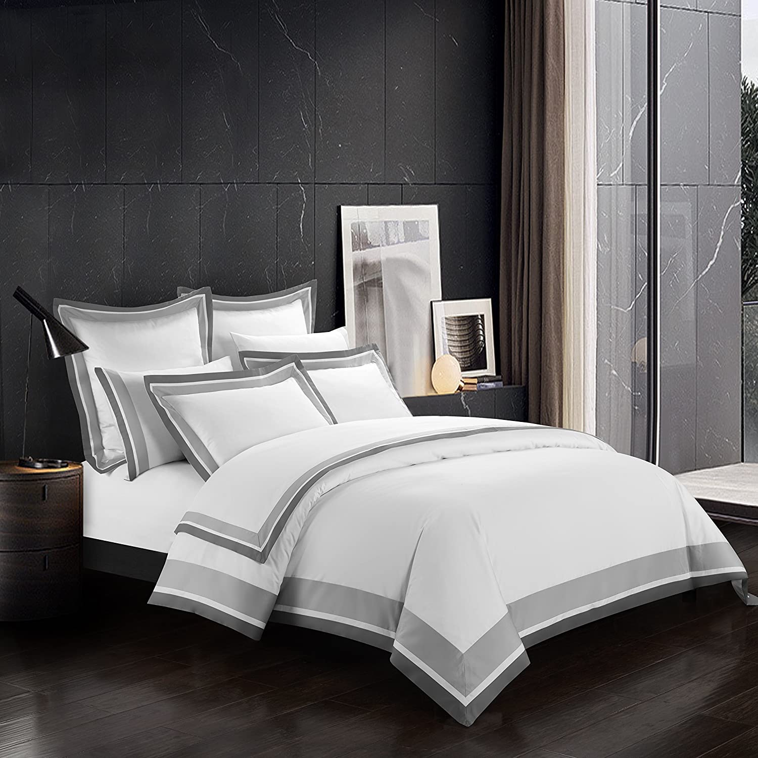 Price:$154.90 Shading 3 Pieces Do Not Include Filling Duvet Cover Set 100% Egyptian Cotton Sateen Luxury 400 TC Classic and Contemporary Frame Patchwork Button Closure Corner Ties-White/Taupe/Grey (King) : Home & Kitchen