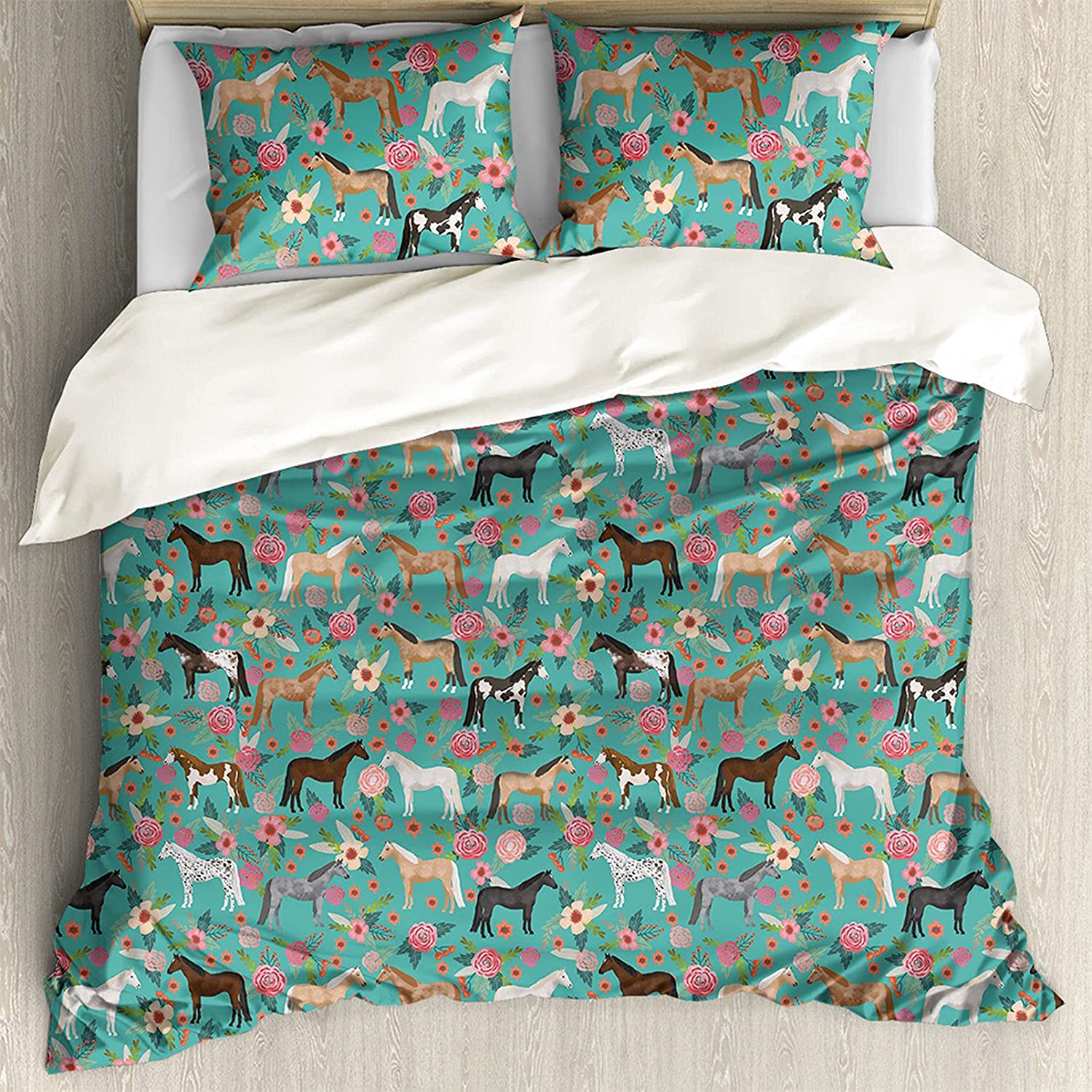Price:$46.79 Horse Flower Duvet Cover Set Queen Girly Bedding Sets Coverlet Set Decorative Quilted 3 Piece Ultra-Soft Comforter Cover with 2 Pillowcases : Home & Kitchen