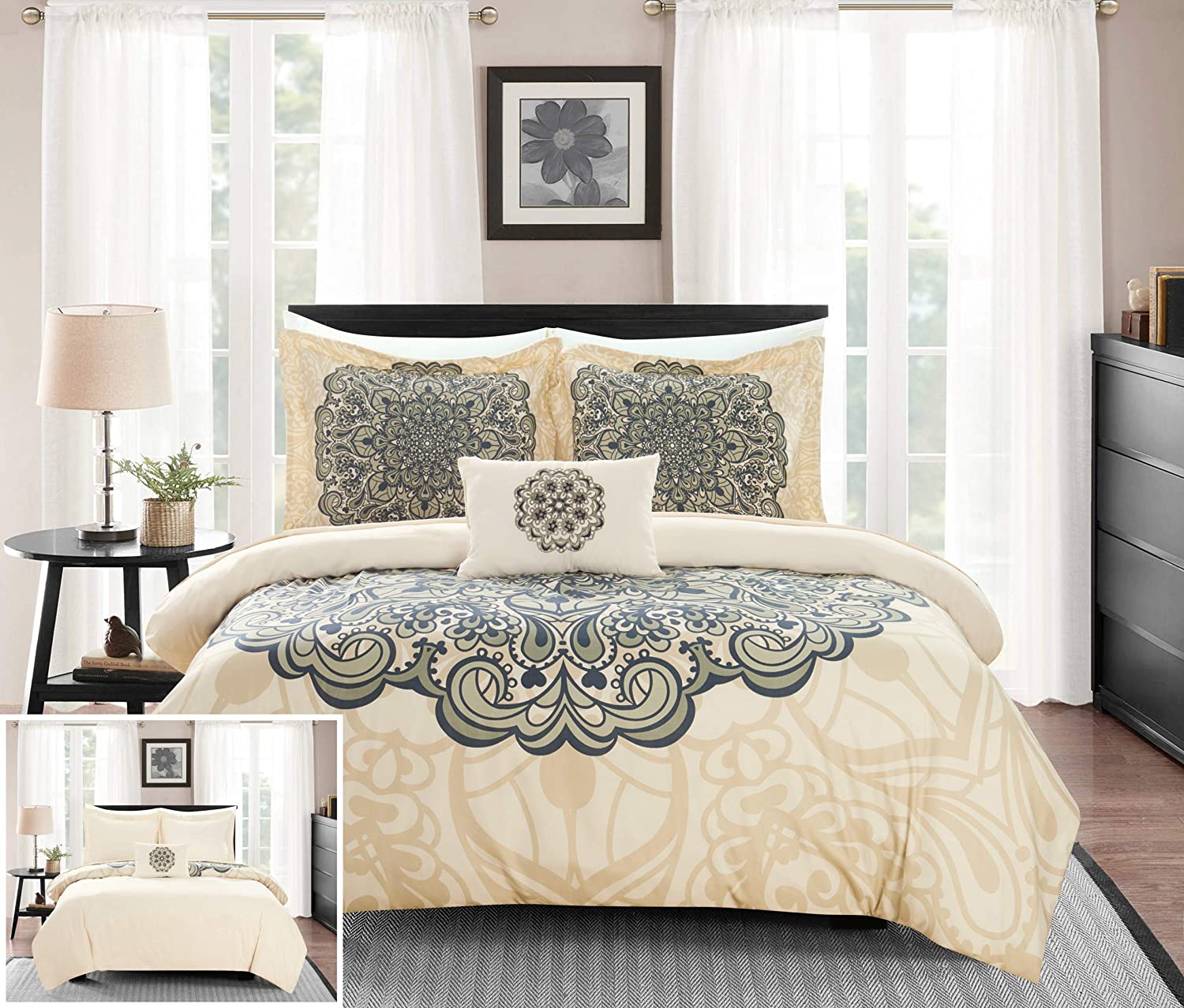 Price:$51.95 Home Mindy 4 Piece Reversible Duvet Cover Set Large Scale Boho Inspired Medallion Paisley Print Design Bedding-Decorative Pillow Shams Included, Queen, Beige : Home & Kitchen