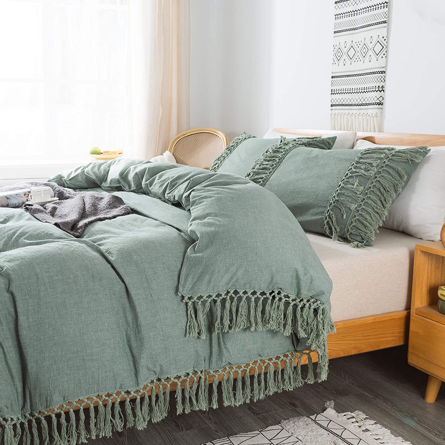 Price:$89.00 Softta Boho Bedding Tassel Duvet Cover Fringed Full 3 Pcs 100% Washed Cotton Teen Baby Vintage and Elegant Ruffle Duvet Covers Green : Home & Kitchen