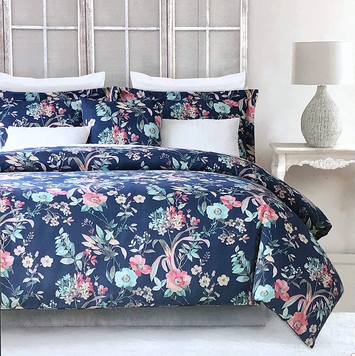 Price:$105.99 Rowley Bedding 3 Piece Queen Size Bed Duvet Comforter Cover Set Floral Pattern with Large Flowers in Shades of Pink Light Blue Gray Yellow on Dark Blue : Home & Kitchen