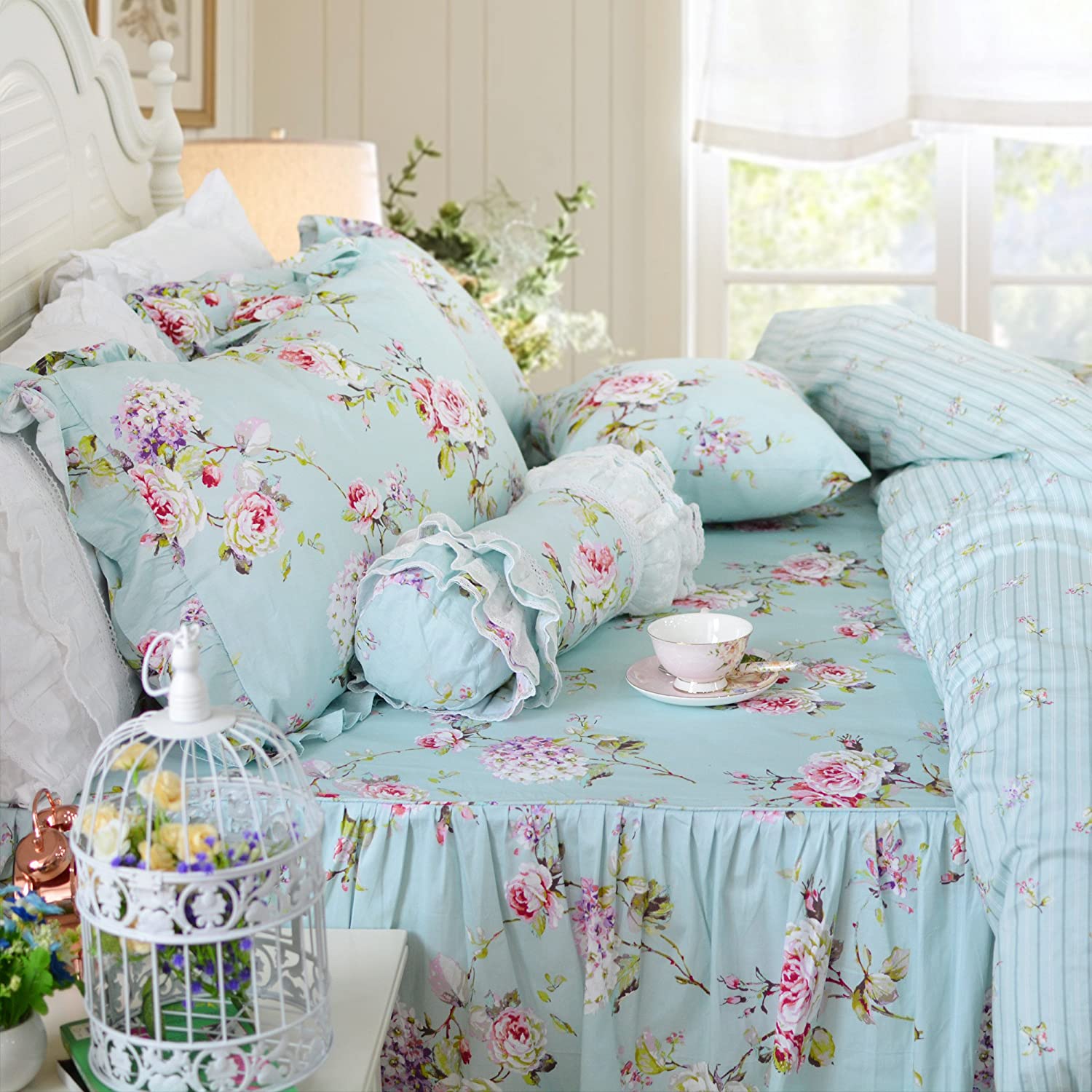 Price:$115.00 Shabby Floarl Cotton Bedding Set Twin 4-Pieces Light Blue Hydrangea Print Duvet Cover Set with Bedskirt French Country Style with Ruffle ?1 Duvet Cover?1 Bedskirt?2 Pillowshams : Home & Kitchen