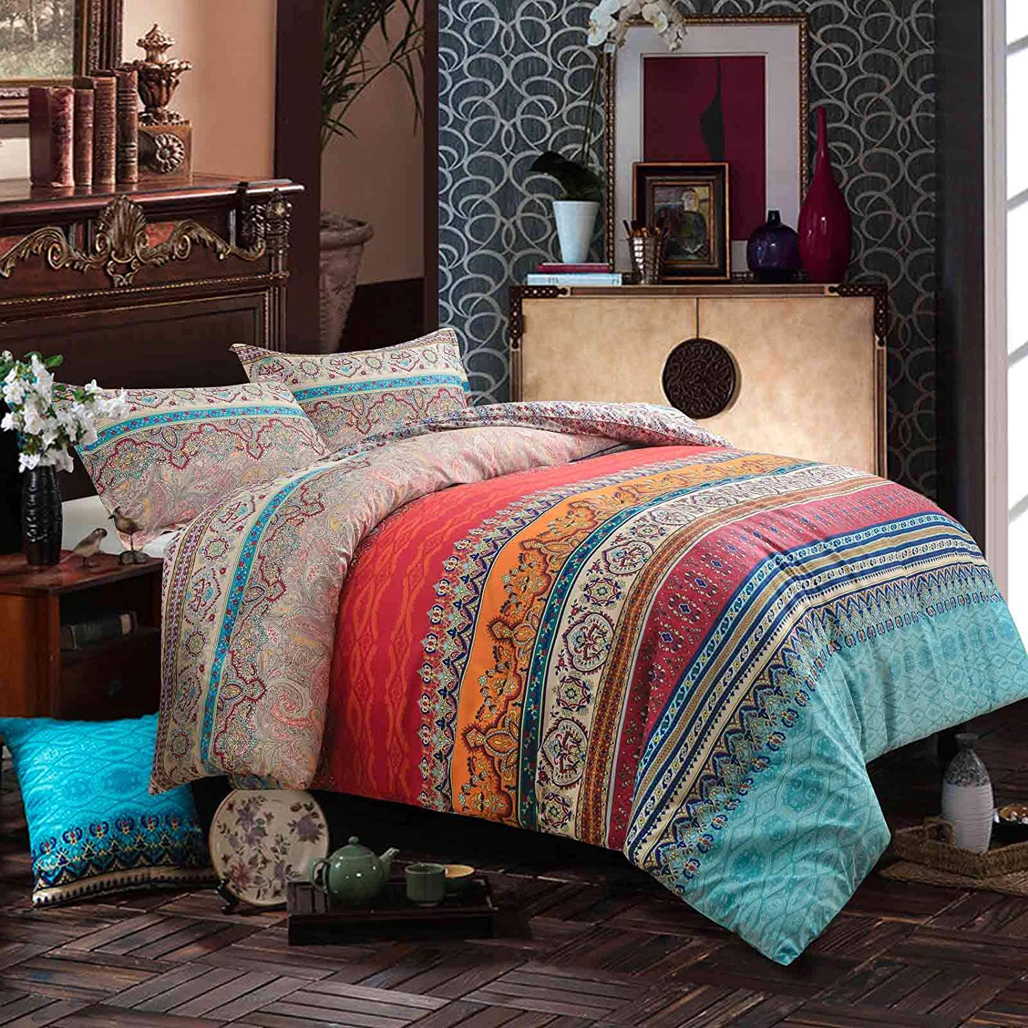 Price:$41.99 Comforter Set Queen Size, 3pc Boho Red Blue Colorful Retro Striped Pattern Print 88 x 90 inch Reversible Comforter Microfiber Duvet Sets Bedding Bohemian Exotic Modern Farmhouse for Men Women : Home & Kitchen