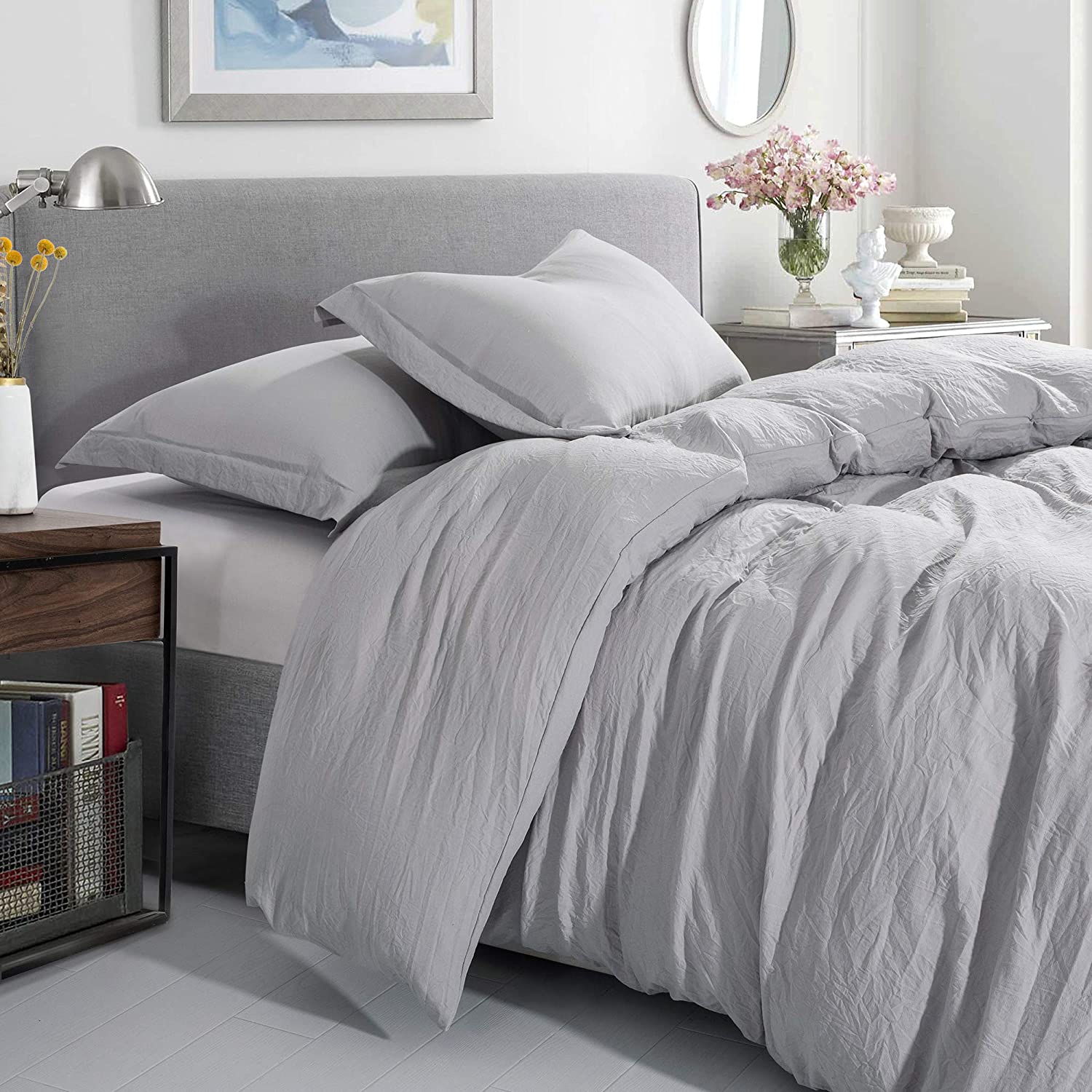 Price:$31.99 Vintage Linen Style Crinkle Duvet Set - Extra Soft, Lightweight, Protective Bed Duvet Cover and Shams for All Season Comfort - Corner Ties and Quick Zip Closure - King, Silver : Home & Kitchen