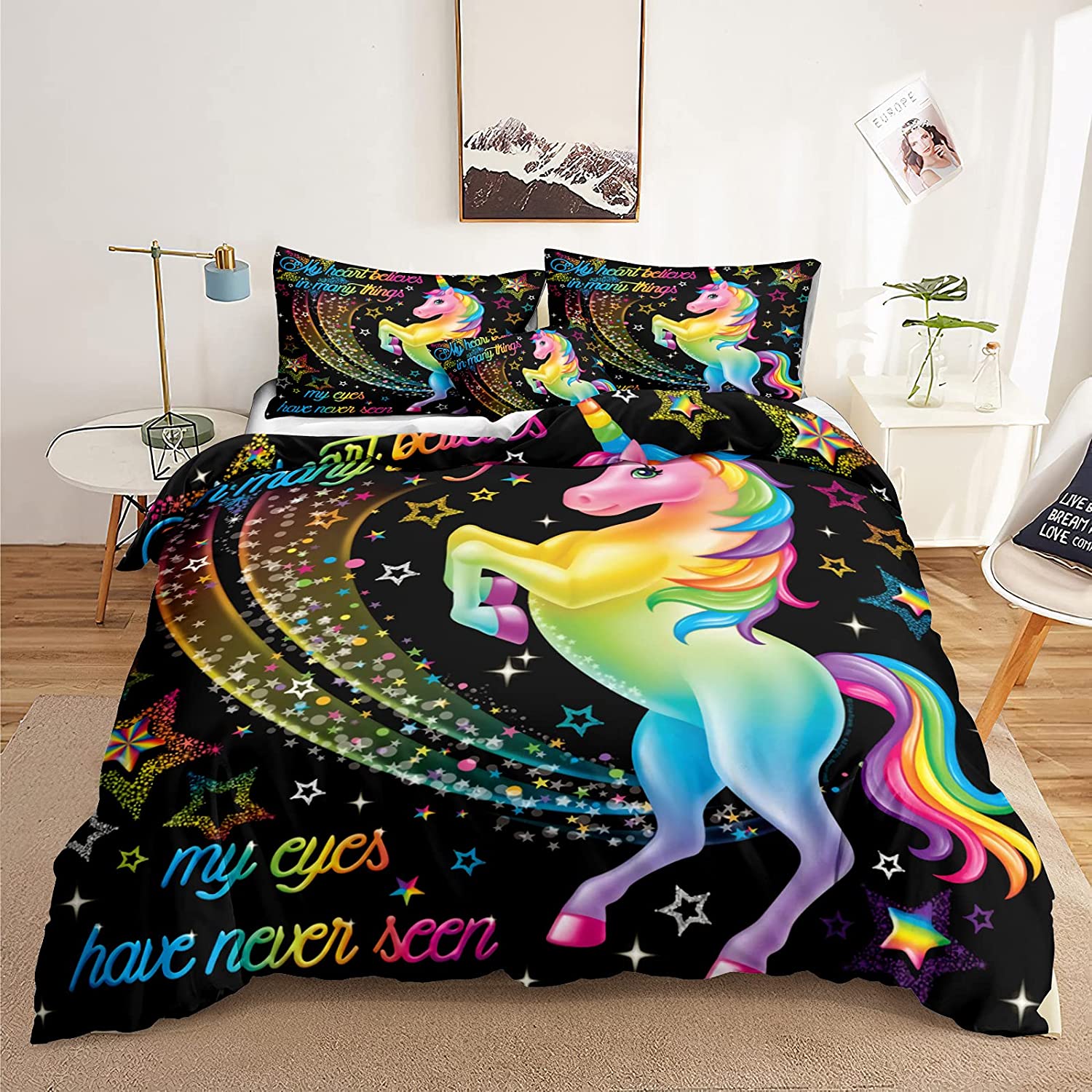 Price:$39.99 Cartoon Unicorn Bedding Rainbow Unicorn Duvet Cover Set Rainbow Letters and Magical Unicorn Pattern Kids Boys Girls Bedding Sets Twin 1 Duvet Cover 1 Pillowcase (Twin, Unicorn 9) : Home & Kitchen