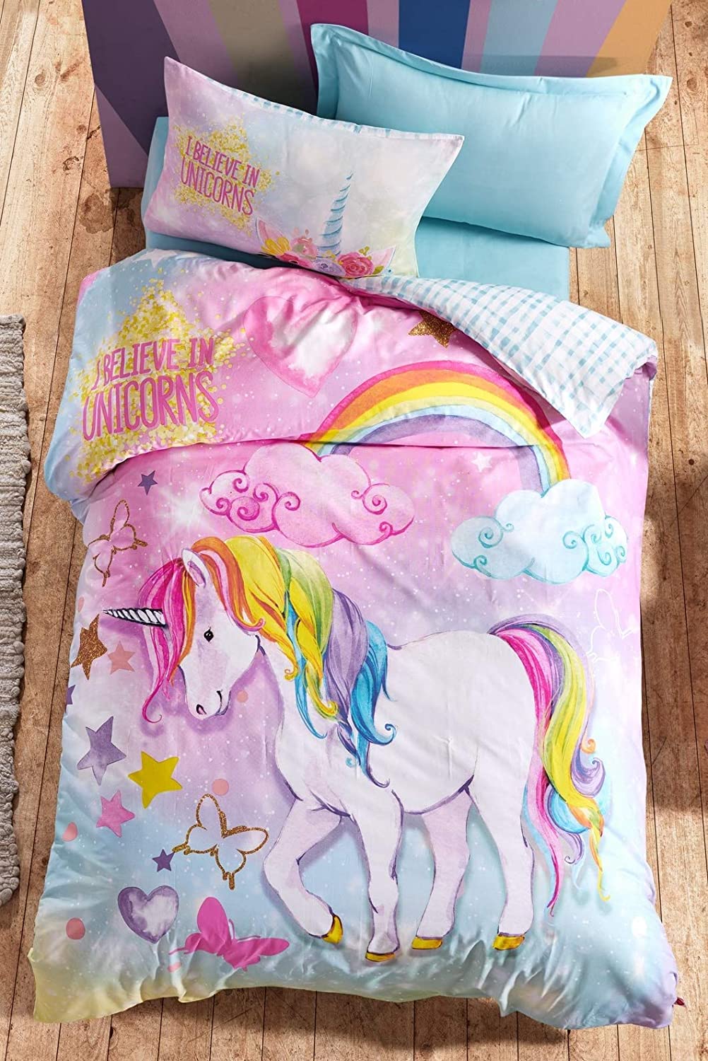 Price:$69.00 100% Cotton Unicorn Bedding Set, Single/Twin Size Quilt/Duvet Cover Set with Fitted Sheet, 3 Pieces : Home & Kitchen