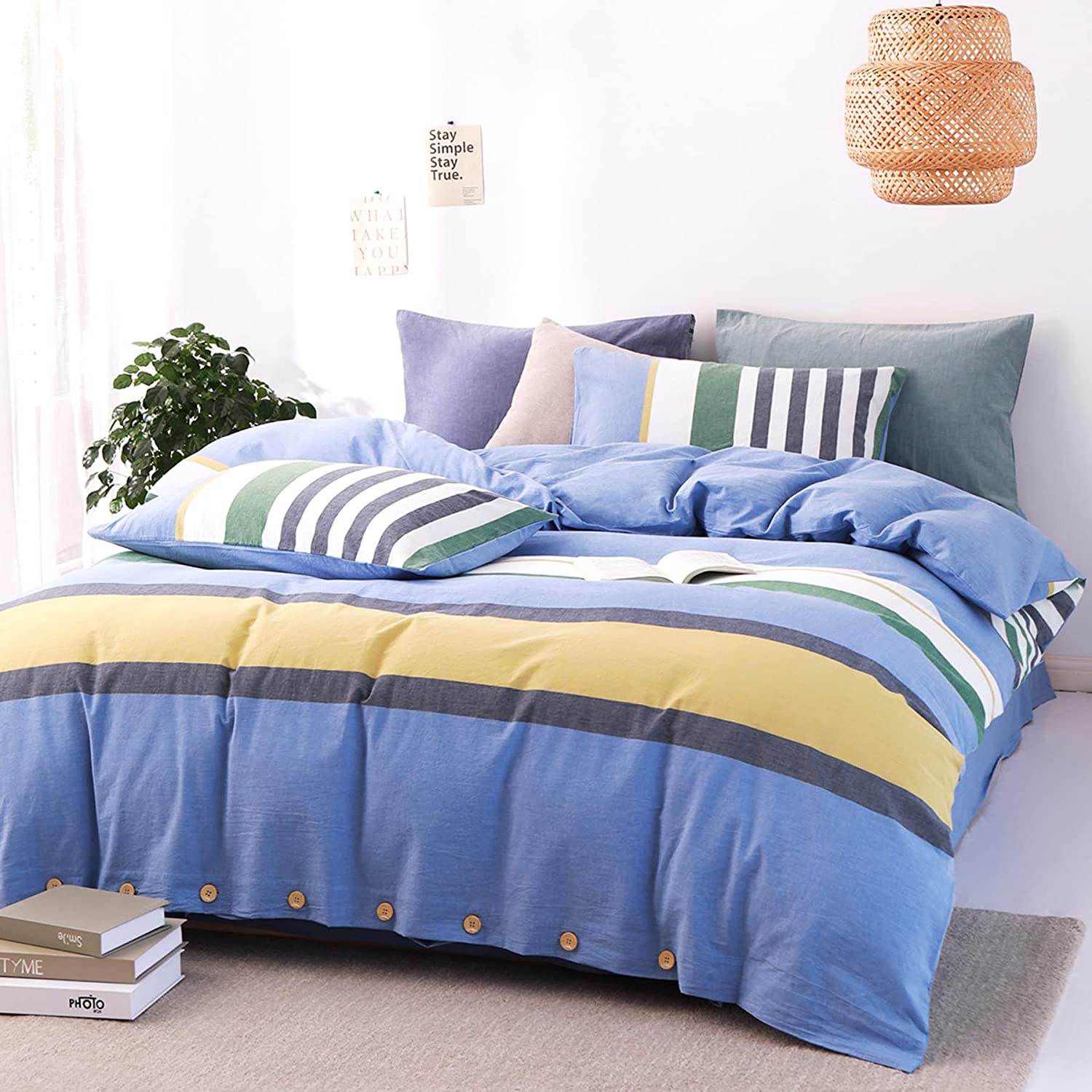 Price:$49.99 MOON Vintage Retro Striped Duvet Cover Queen Size, 100% Organic Egyptian Cotton Duvet Cover, 1200 Thread Count 3 Pcs Colorful Grid Soft Bedding Set with Buttons Closure(Navy Blue) : Home & Kitchen