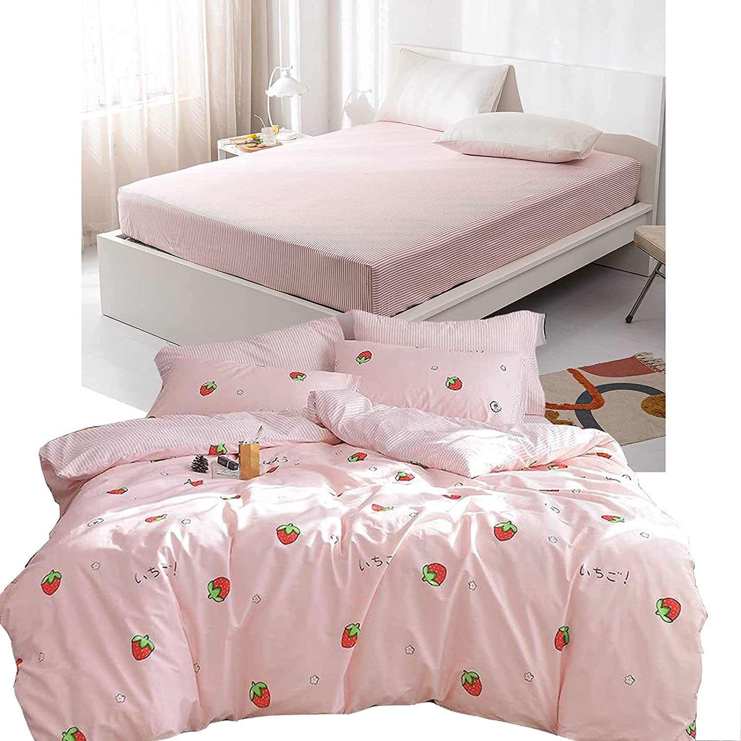 Price:$79.99 Cotton Made Kawaii Strawberry Bedding Set 4 PCS 【1 Queen Duvet Cover+ 2 Standard Pillowcases + 1 Queen Fitted Sheet】 : Home & Kitchen