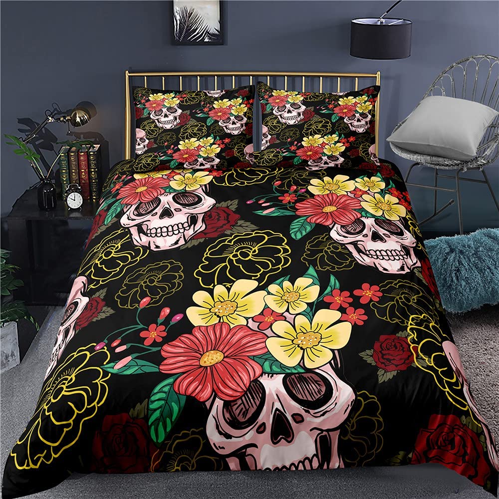 Price:$45.99 Sugar Skull Bedding Set Rose Floral Duvet Cover Full Size 3D Bedding Set Floral Skull Prints Quilt Cover 3 Pieces (1Duvet Cover +2 Pillowcases ) : Home & Kitchen
