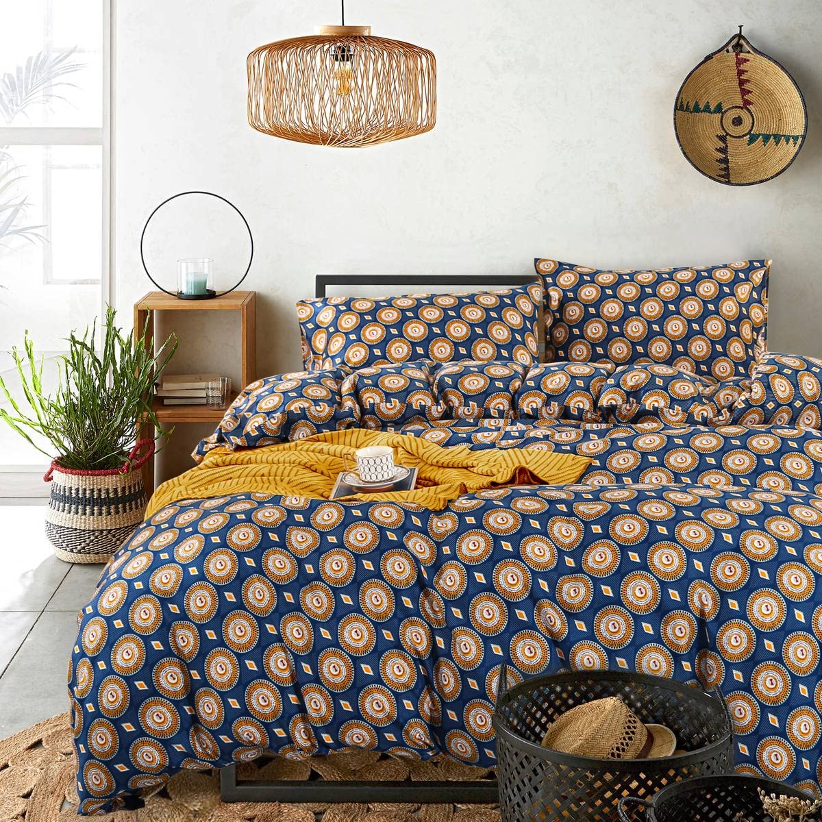 Price:$31.95 Farmhouse Duvet Cover King Size Tribal Bedding Set 3 Pieces - Comforter Cover with Zipper Closure 104x90 inches + 2 Pillowcases 20x36 inches (Circles, Blue) : Home & Kitchen