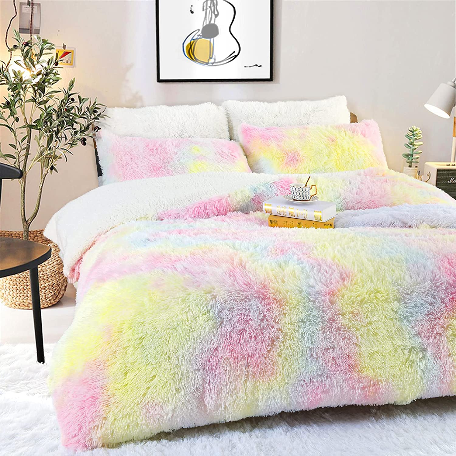 Price:$29.99 Rainbow Duvet Cover Set Plush Fluffy Comforter Set for Girls Kids, Princess Room Faux Fur Bedding Sets, 4 Pieces Fuzzy Bed Sets with 2 Pillowcases, 1 Duvet Cover and 1 Mattress Pad Cover : Home & Kitchen