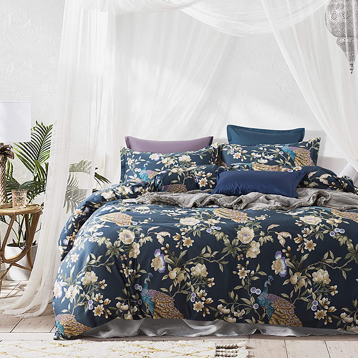 Price:$94.80 Oriental Garden Majestic Peacock Bird Floral Duvet Cover Chinoiserie Chic Asian Style Blooming Trees Vines and Branches Long Staple Cotton 3pc Bedding Set (Orion Blue, Queen) : Home & Kitchen