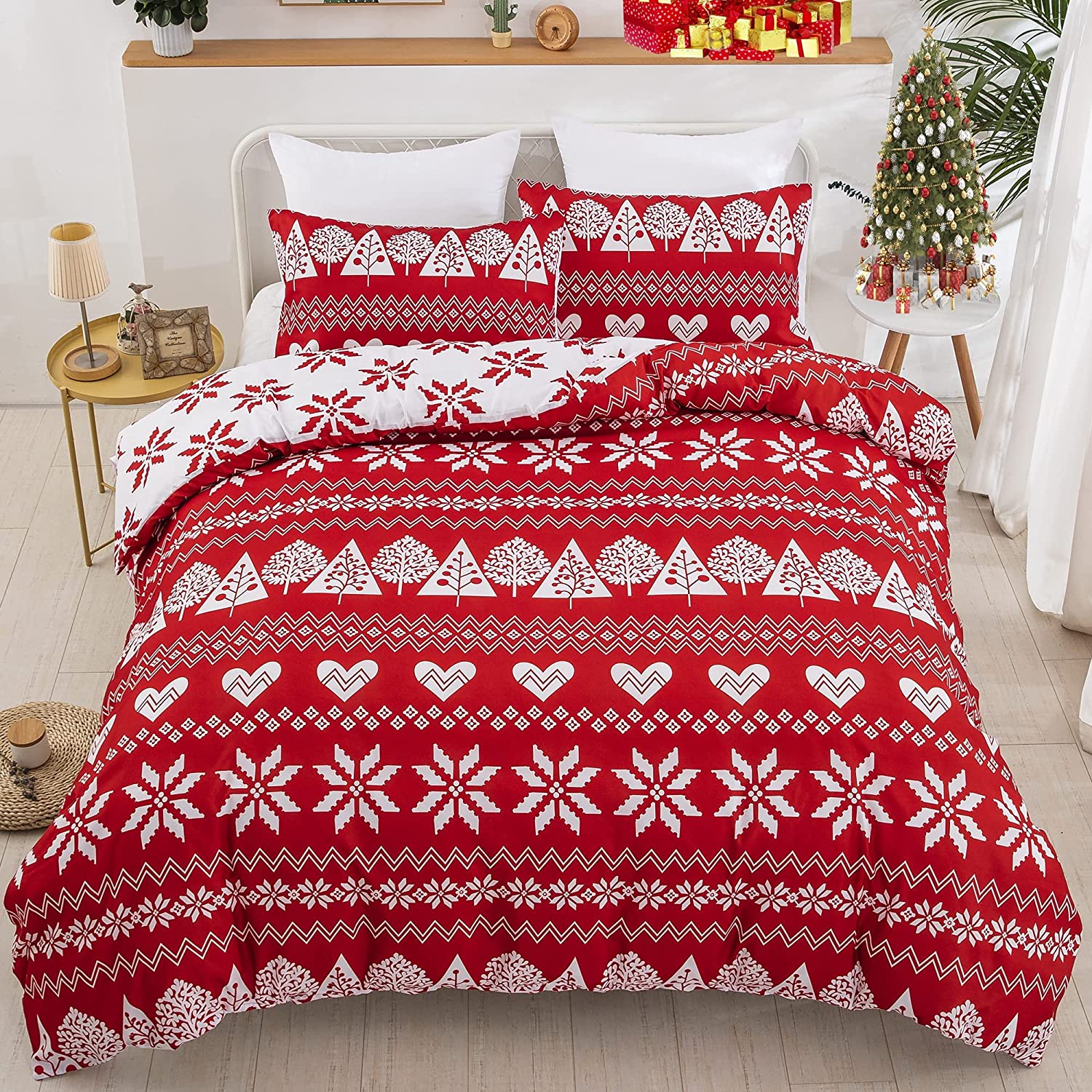 Price:$29.99 Duvet Cover Set King Xmas Stripe Printed Bedding Duvet Cover Soft Microfiber 3 Pieces Red Bedding Set (1 Duvet Cover + 2 Pillowcases) Decor for Holiday 104"x90" : Home & Kitchen