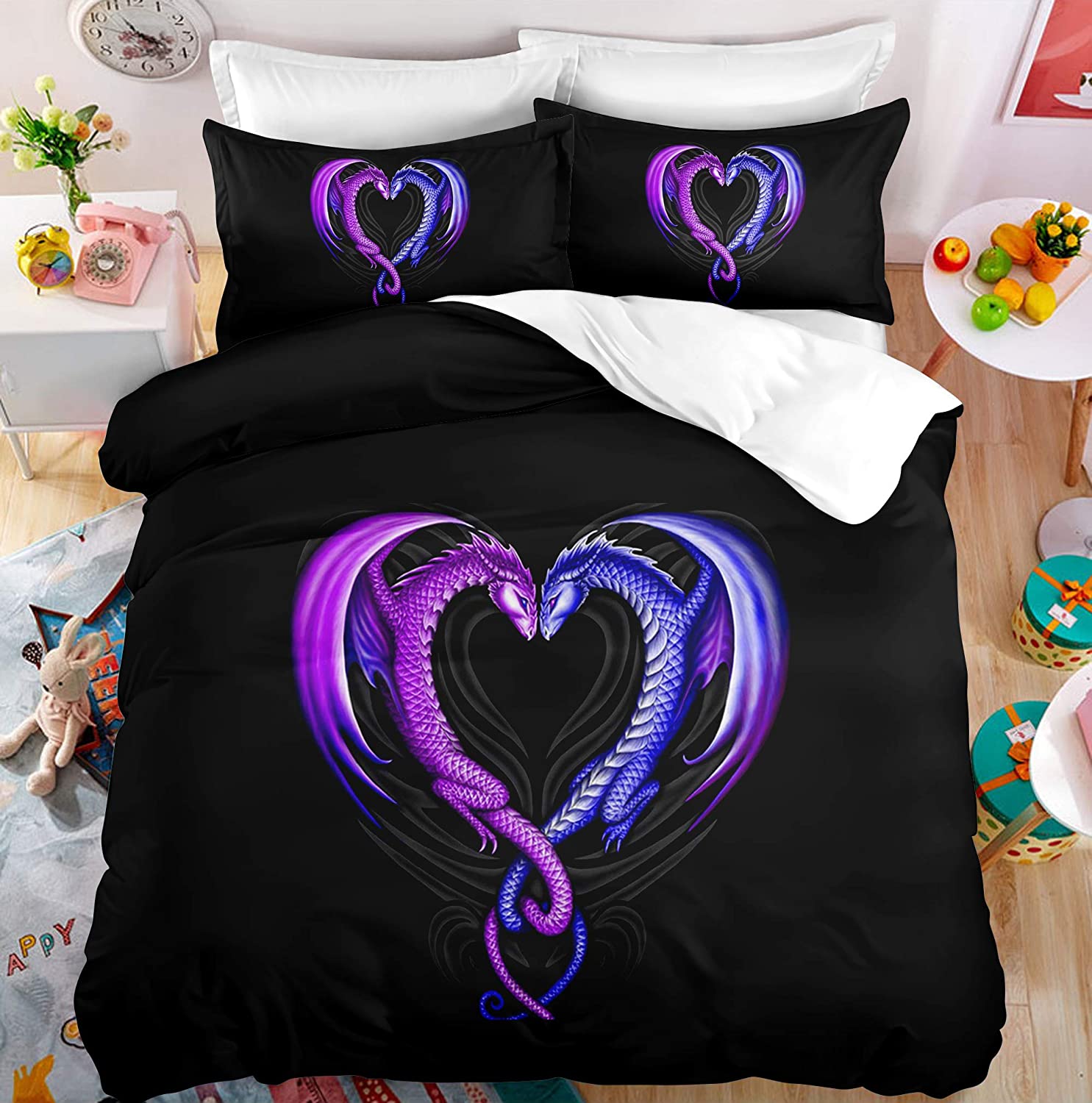 Price:$59.99 Black Purple Dragon Bedding Duvet Cover Set Queen (1 Duvet Cover+Two Pillow Shames) Zipper Closure Soft Bedding Bag Comforter Cover 90"x90" Microfiber : Home & Kitchen