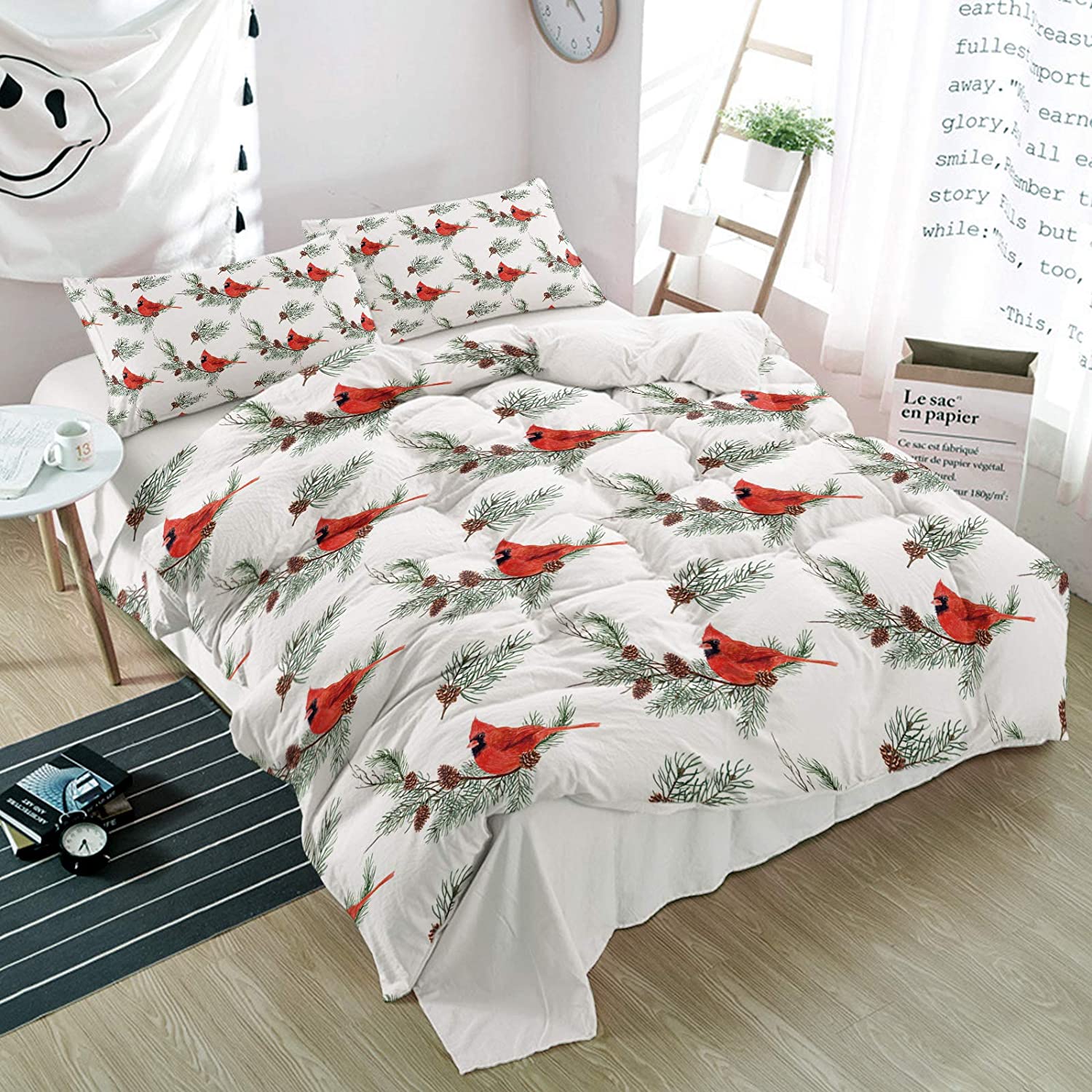 Price:$95.00 TOUR 3 Pieces Duvet Cover Sets Queen Bedding Set Christmas Cardinal Bed Cover Quilt with Pillow Shams Floral Pinecone Branch and Red Bird for All Season : Home & Kitchen
